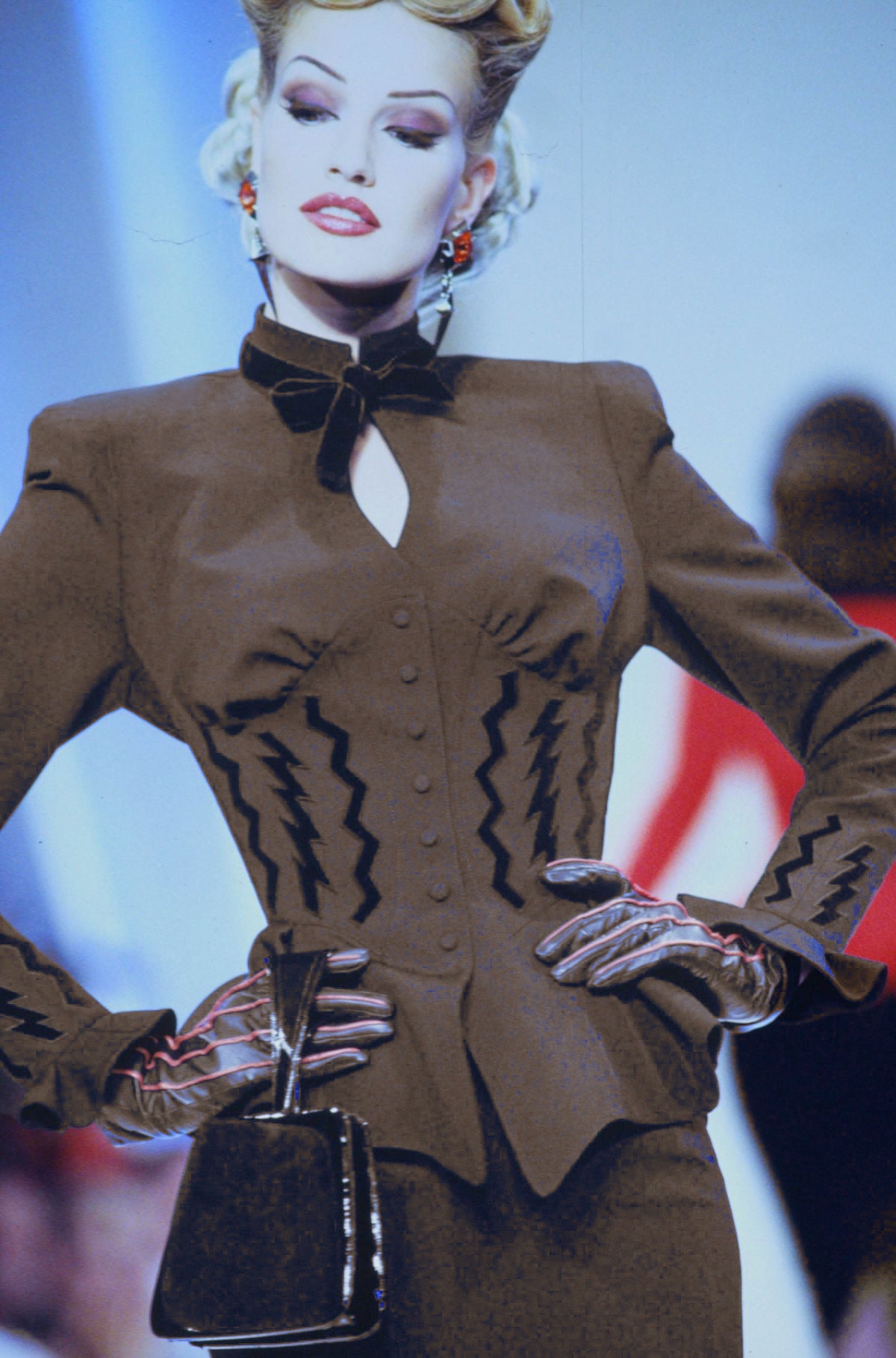 Thierry Mugler Fall 1992 Runway Velvet Trim Corset-Jacket And Skirt Suit