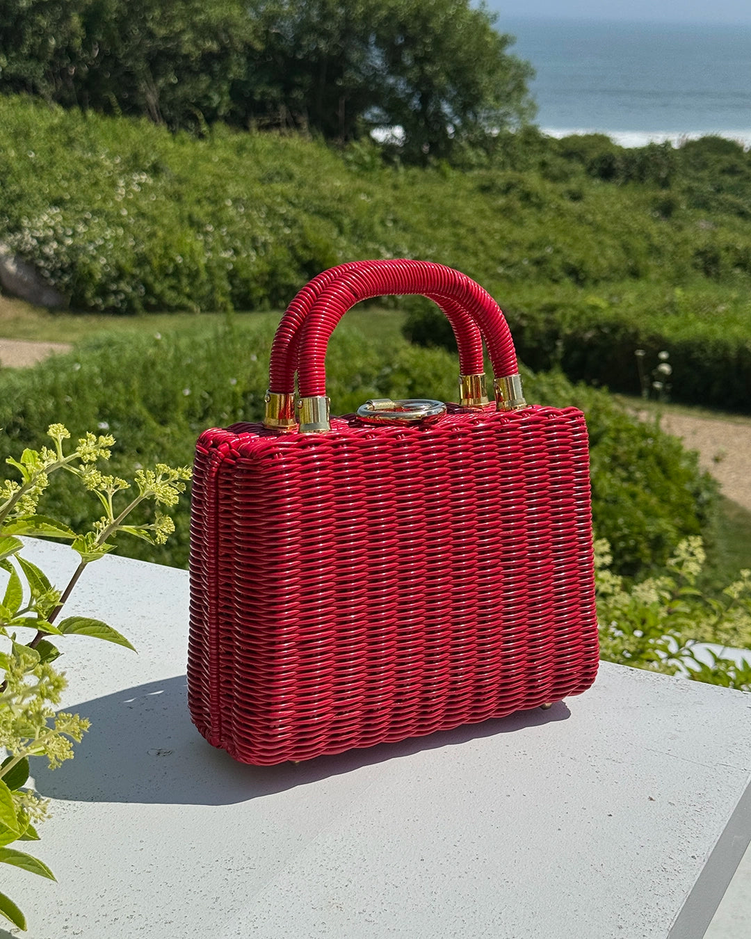 Vintage 1960s Red Wicker Box Bag