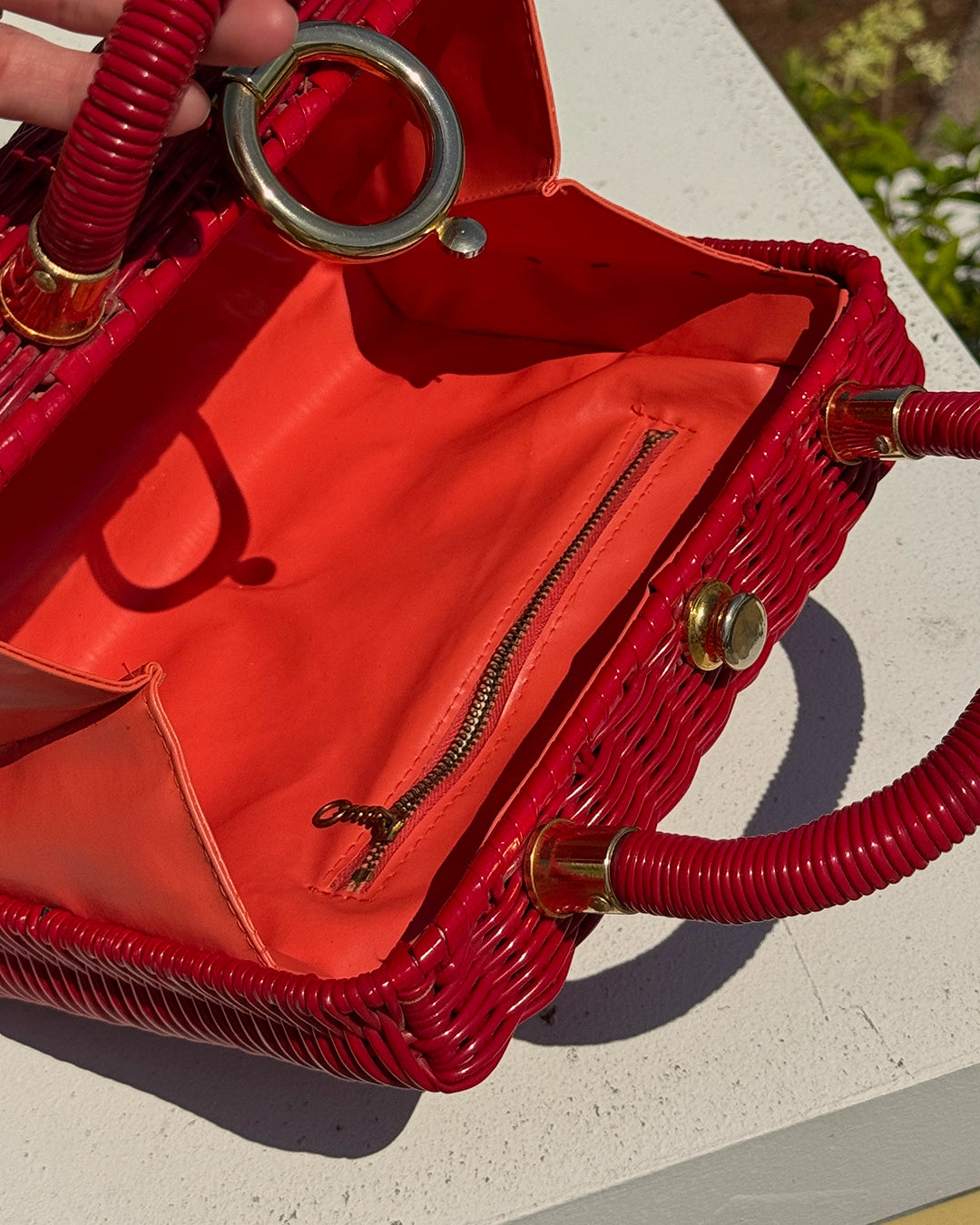 Vintage 1960s Red Wicker Box Bag