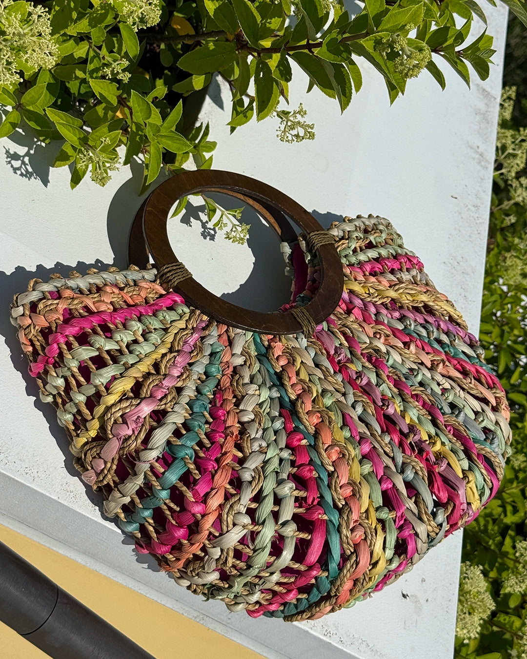 Vintage Rainbow Straw Bag with Wooden Handle