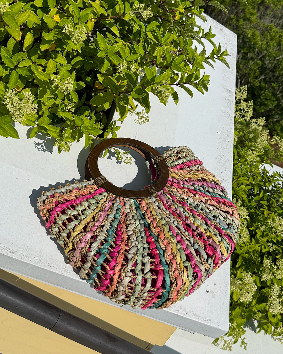 Vintage Rainbow Straw Bag with Wooden Handle