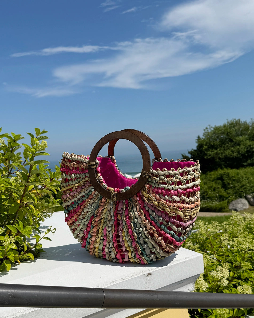 Vintage Rainbow Straw Bag with Wooden Handle