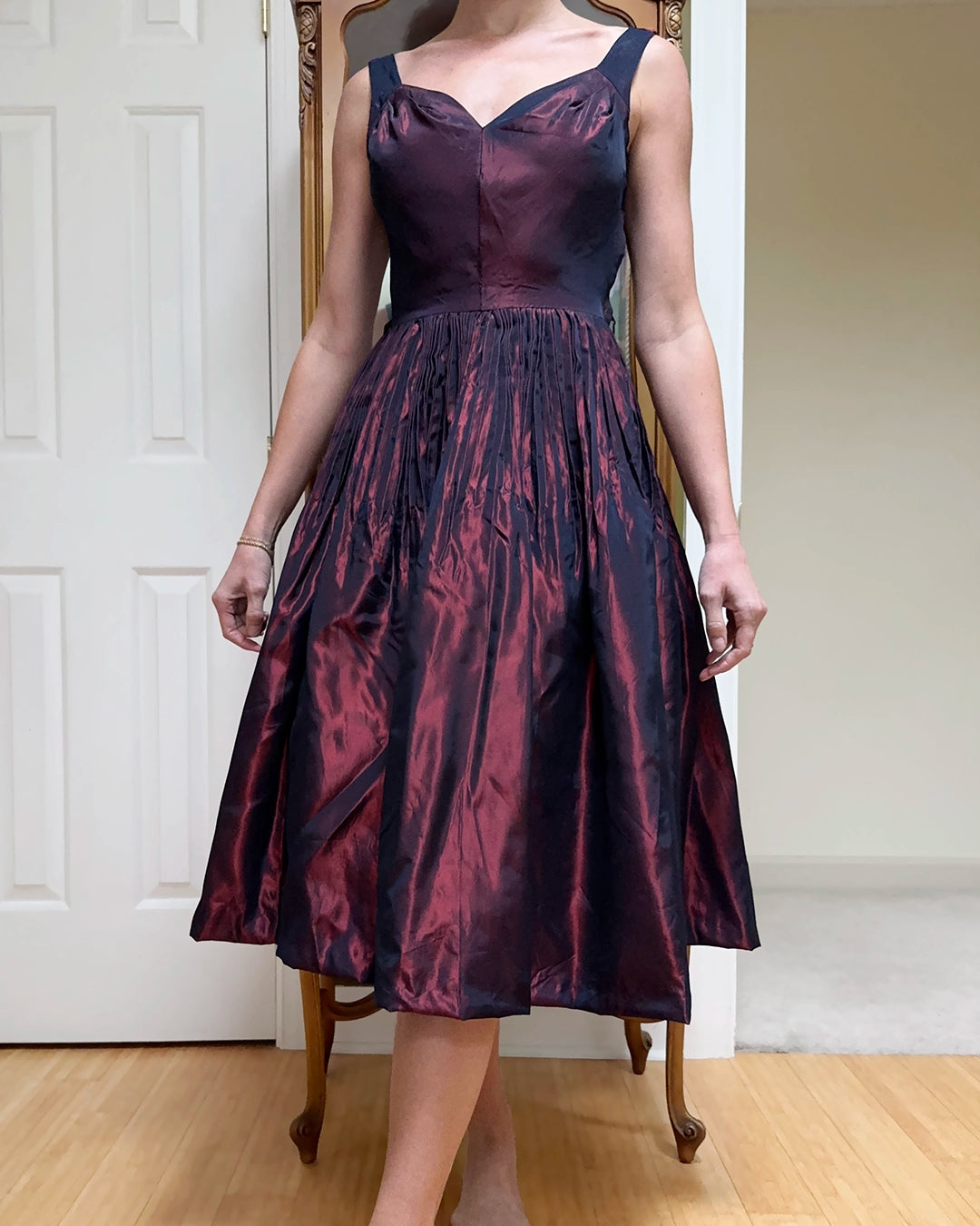 Vintage 1950s Pleat Release Taffeta Fit and Flare Dress with Ribbon Belt