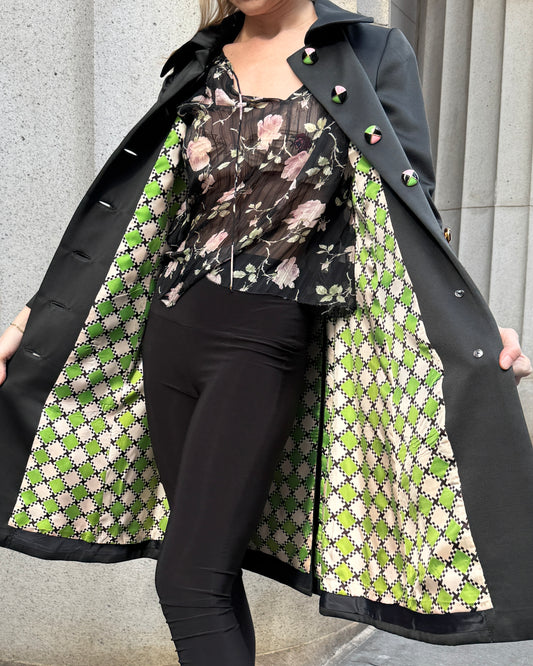 Vintage 1960s Silk Wool Coat with Custom Enamel Buttons and Contrasting Lining