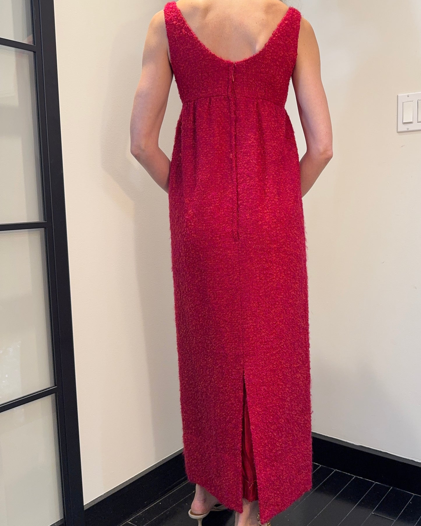 Vintage 1960s Regency-Style Empire Waist Bouclé Wool Column Dress