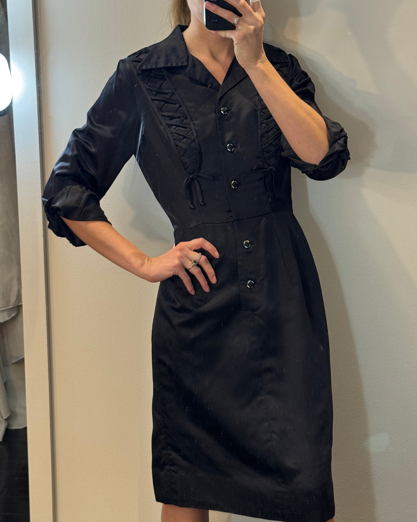 Vintage 1940s Silk Satin Shirtwaist Dress with Lace-Up Details