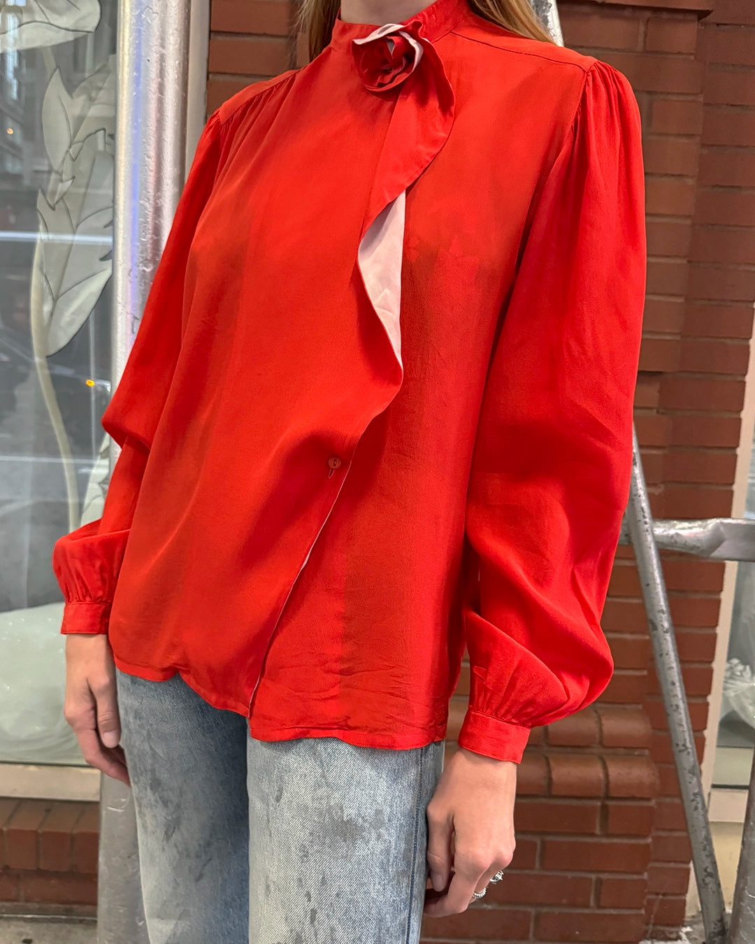 Italian Vintage Draped Silk Blouse with Rosette Detail