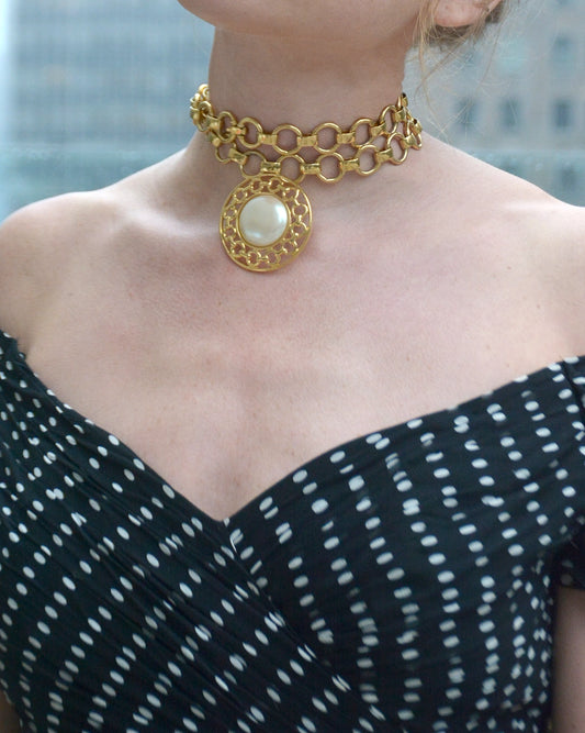 Signed Vintage Pearl Medallion Necklace