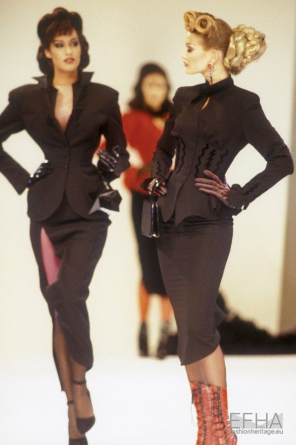 Thierry Mugler Fall 1992 Runway Velvet Trim Corset-Jacket And Skirt Suit