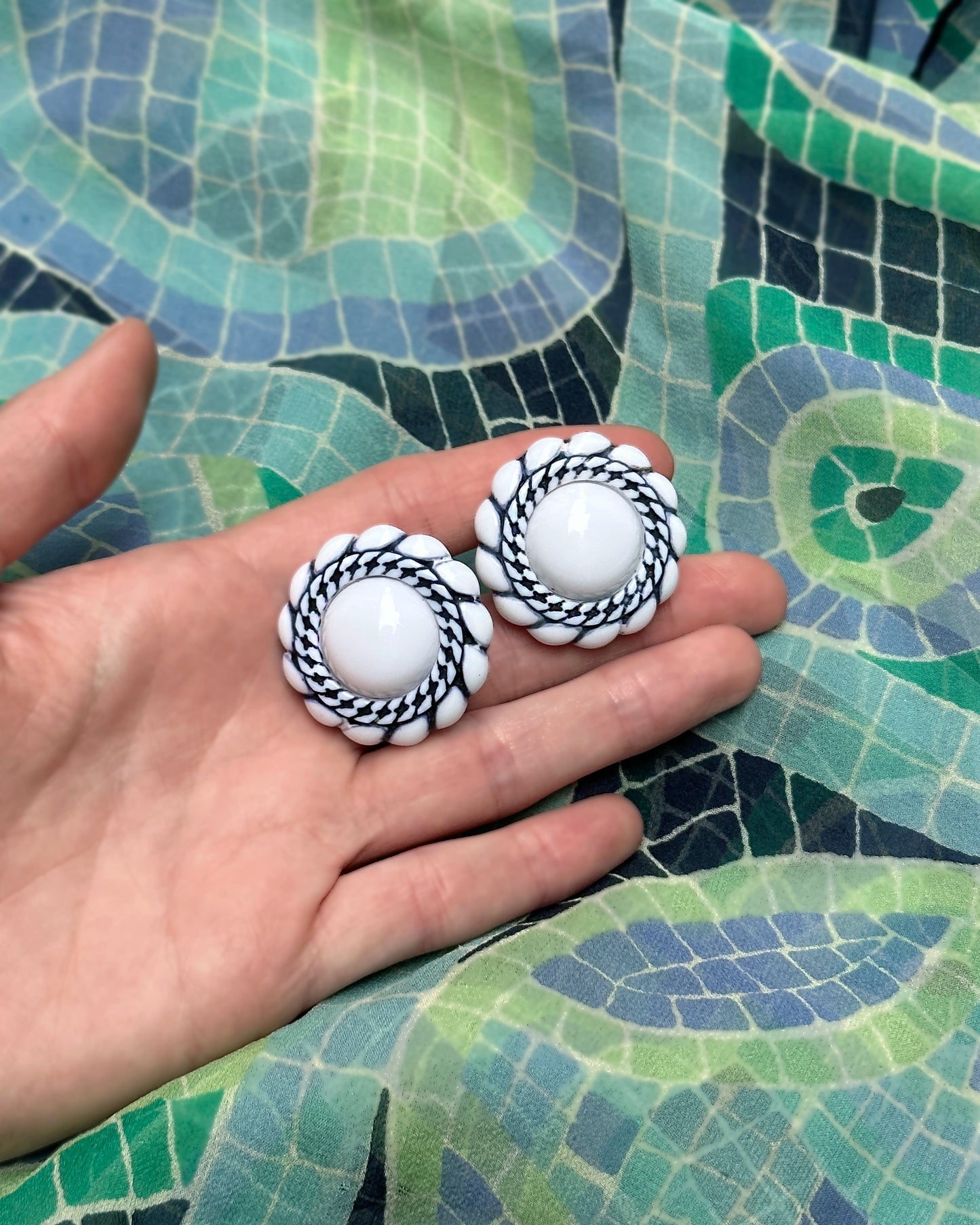 1940s Blue And White Tile Celluloid Earrings
