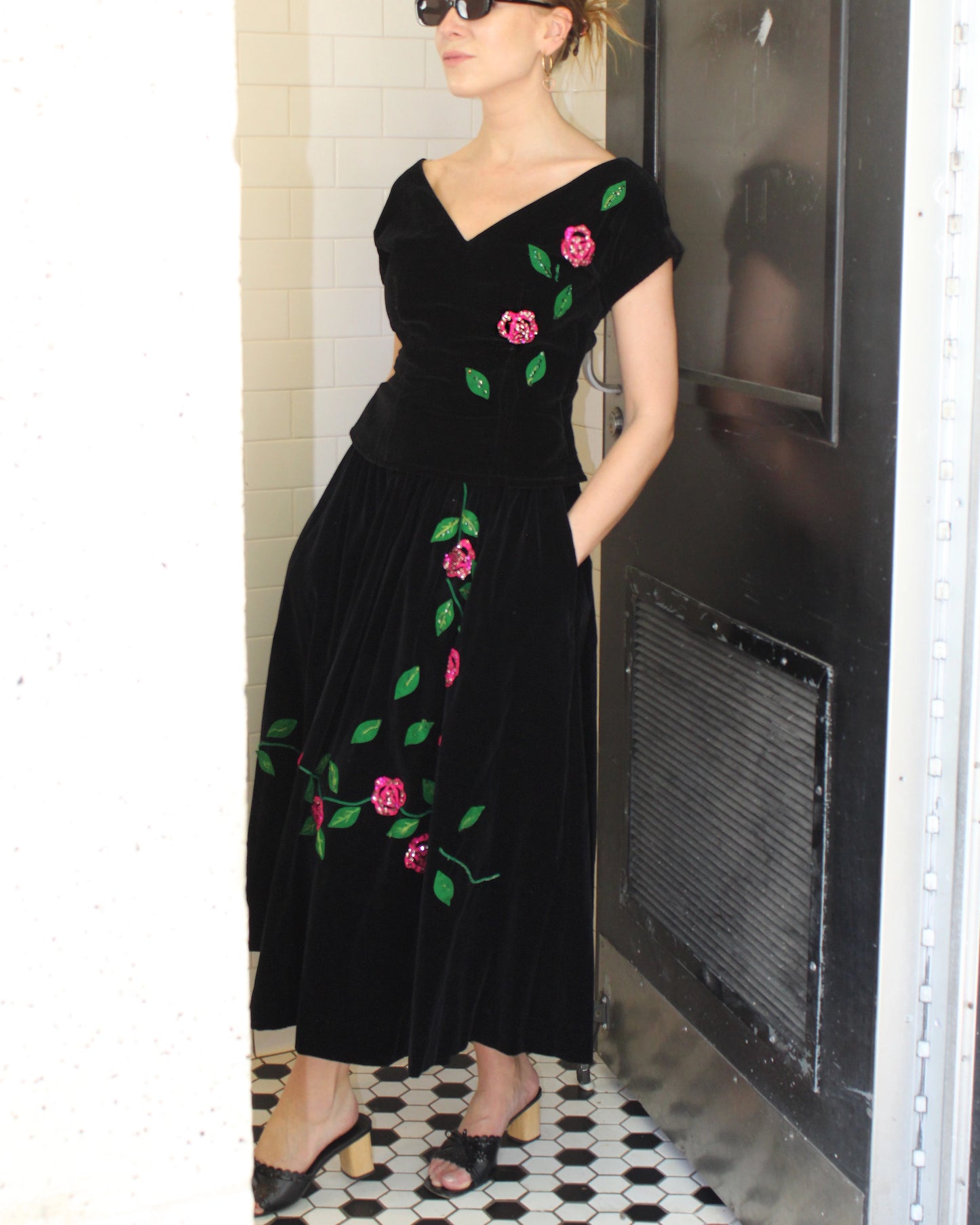 Vintage 1940s Velvet Two-Piece Dress With Rose Appliqué