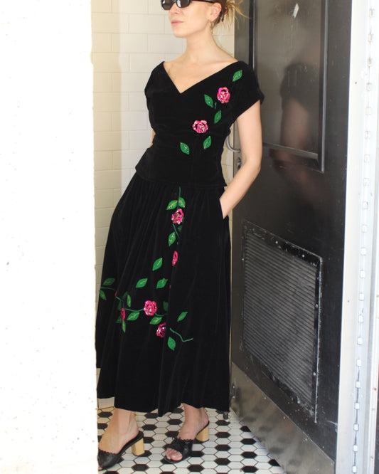 Vintage 1940s Velvet Two-Piece Dress With Rose Appliqué