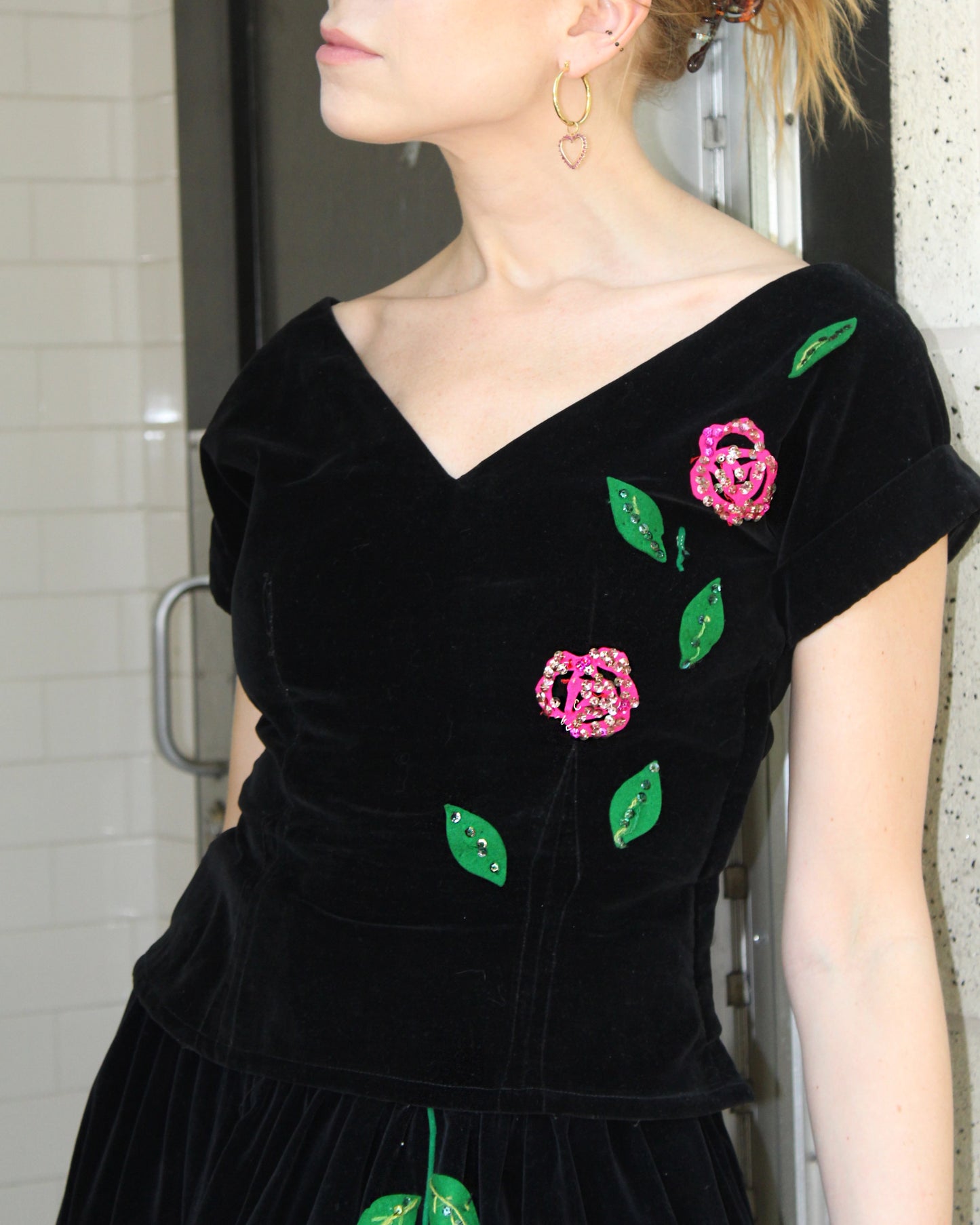 Vintage 1940s Velvet Two-Piece Dress With Rose Appliqué