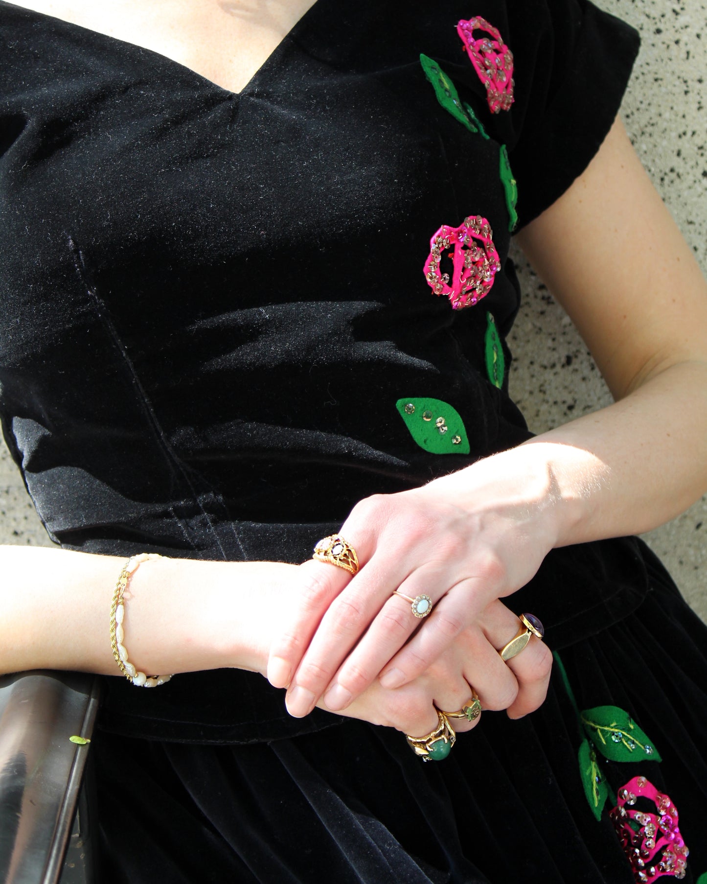Vintage 1940s Velvet Two-Piece Dress With Rose Appliqué