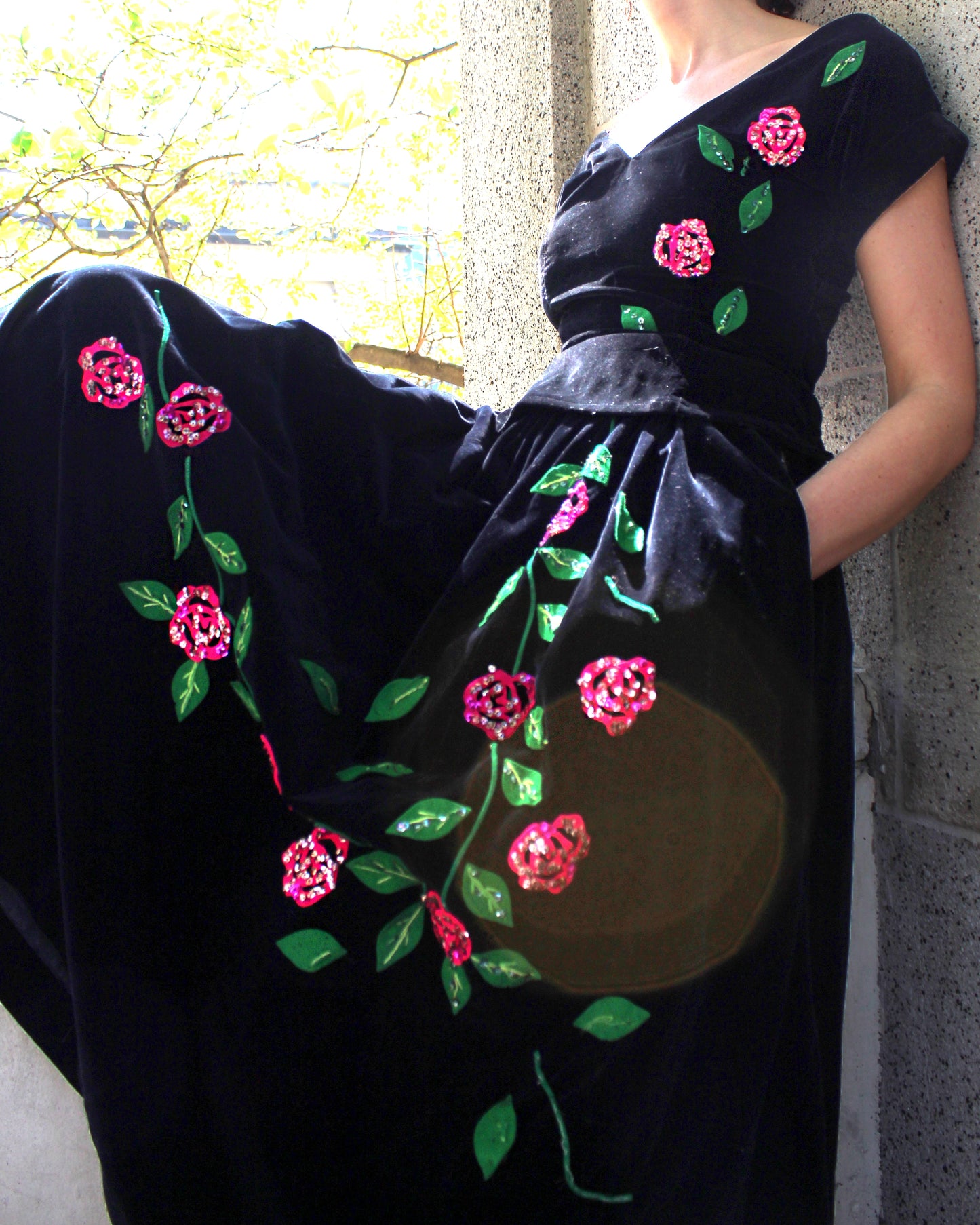 Vintage 1940s Velvet Two-Piece Dress With Rose Appliqué