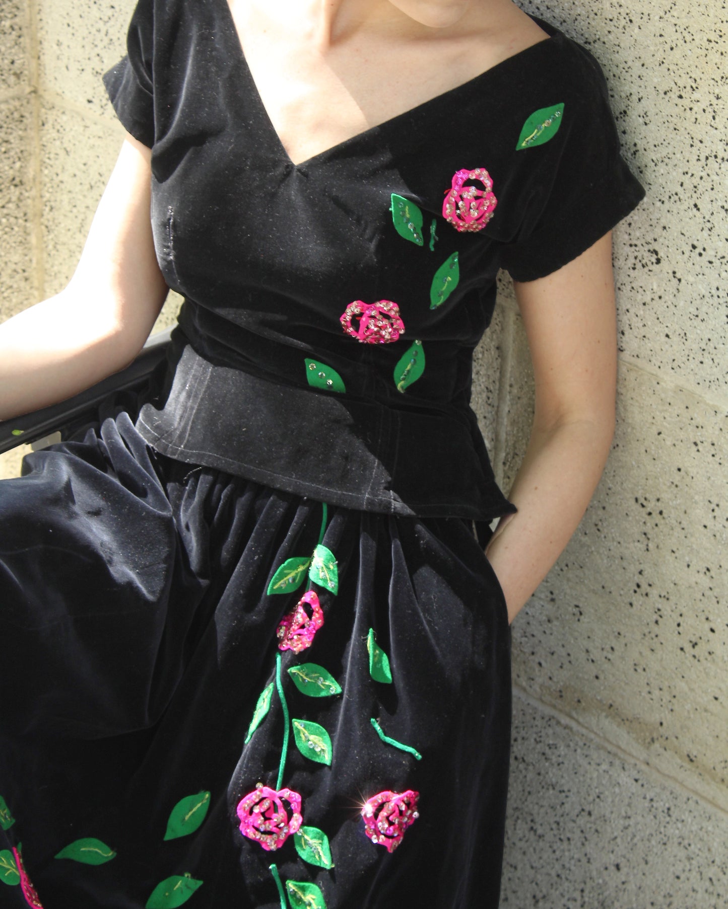 Vintage 1940s Velvet Two-Piece Dress With Rose Appliqué