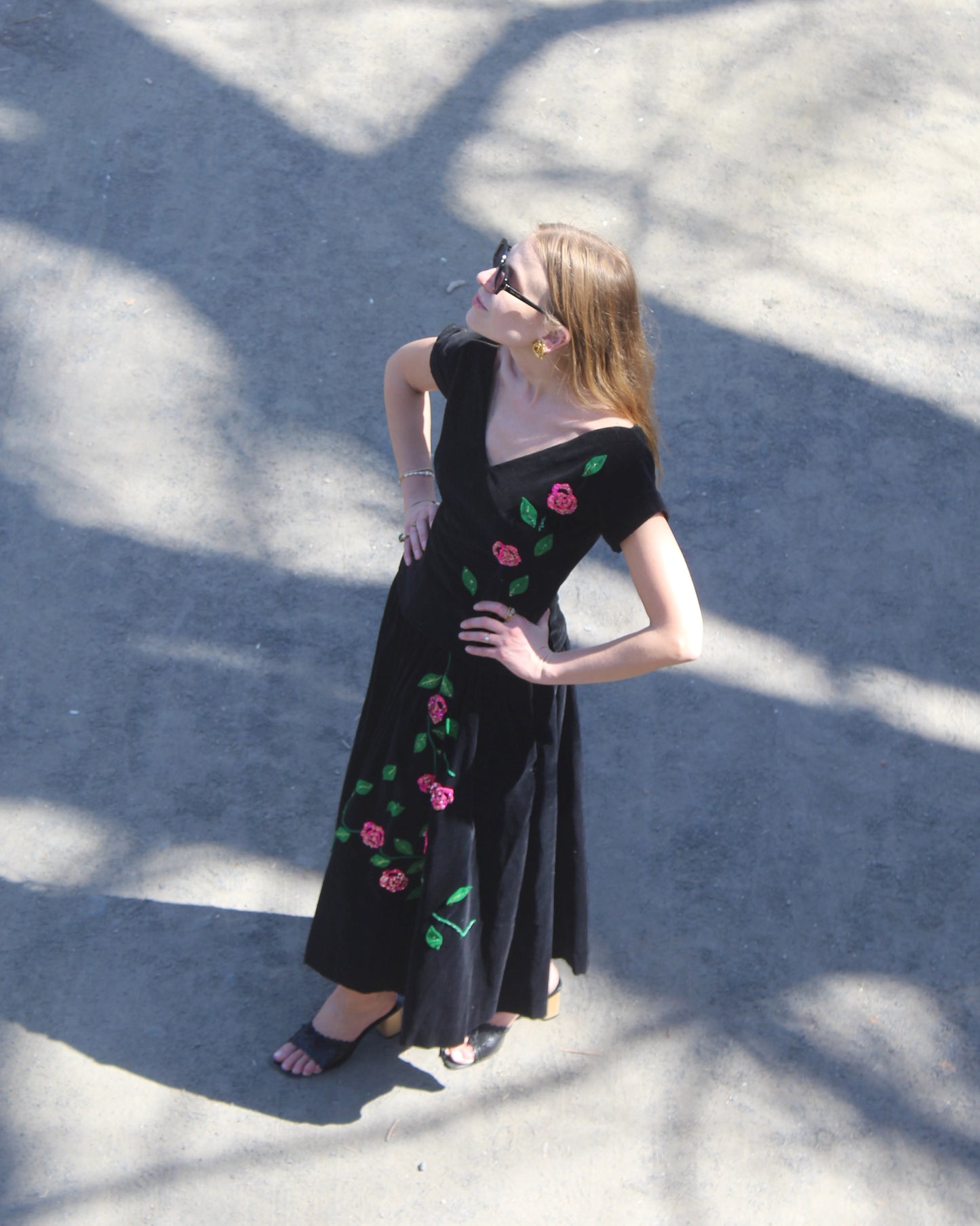 Vintage 1940s Velvet Two-Piece Dress With Rose Appliqué