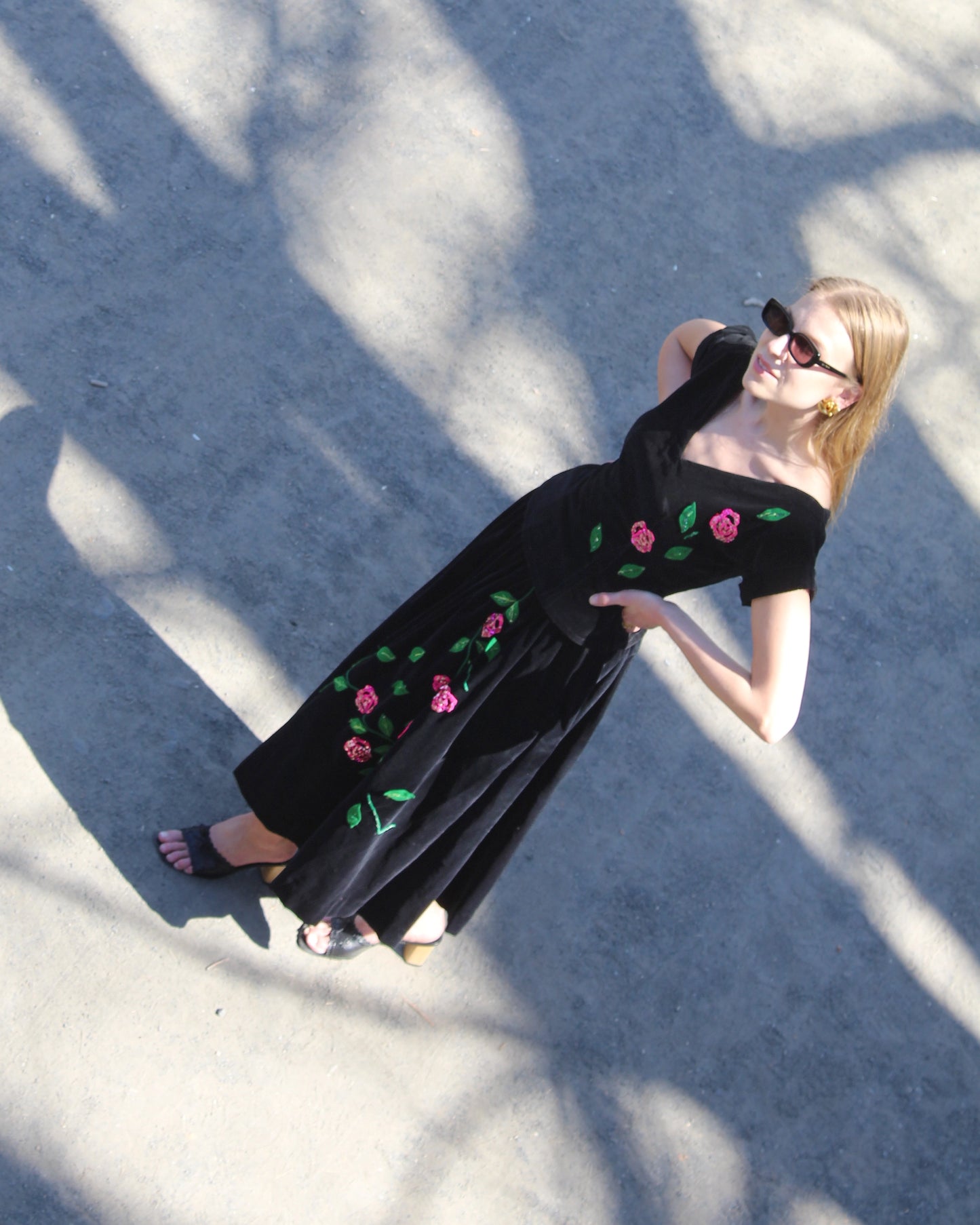 Vintage 1940s Velvet Two-Piece Dress With Rose Appliqué
