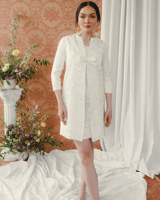 Vintage 1960s Ivory Brocade Dress + Coat Set