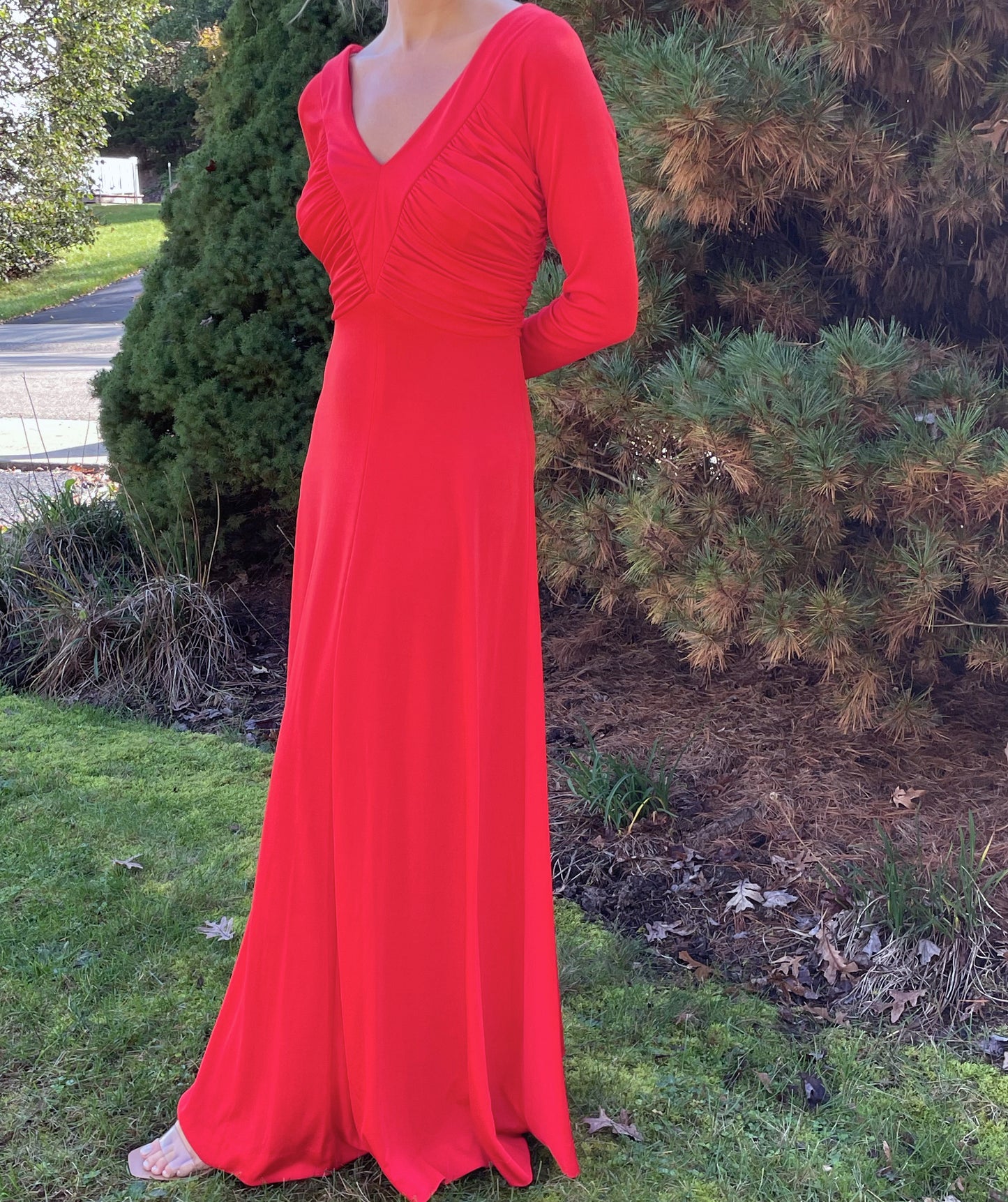1970s Orange Ruched Jersey Maxidress