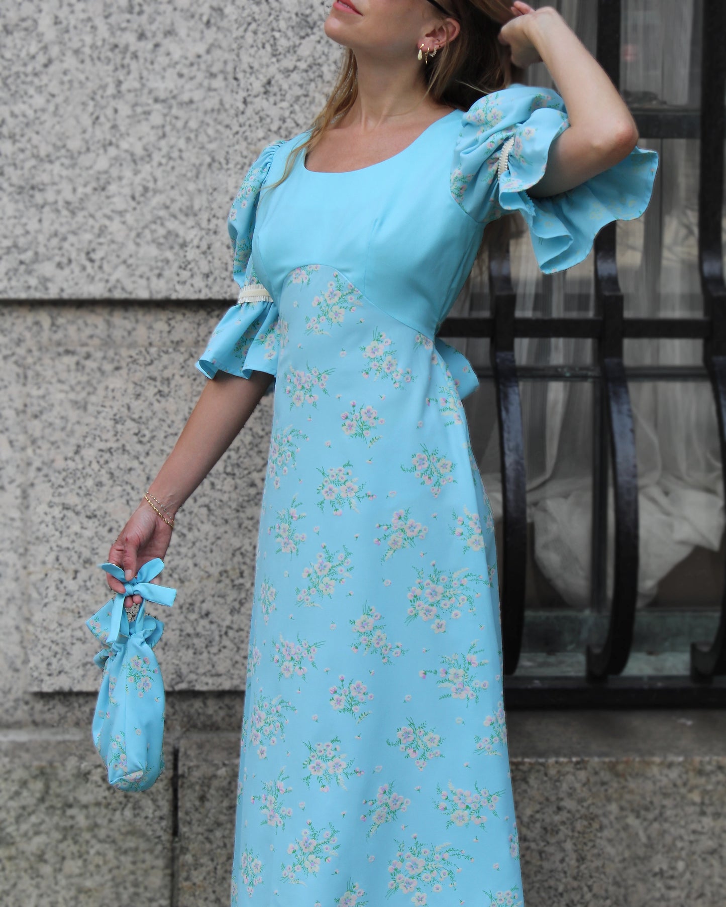 Vintage Floral Puff Sleeve Regency-Core Dress