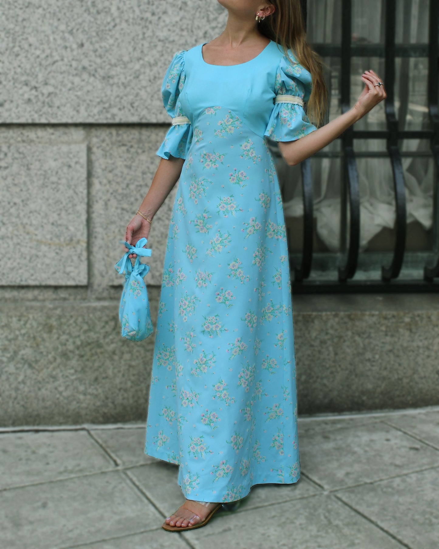 Vintage Floral Puff Sleeve Regency-Core Dress