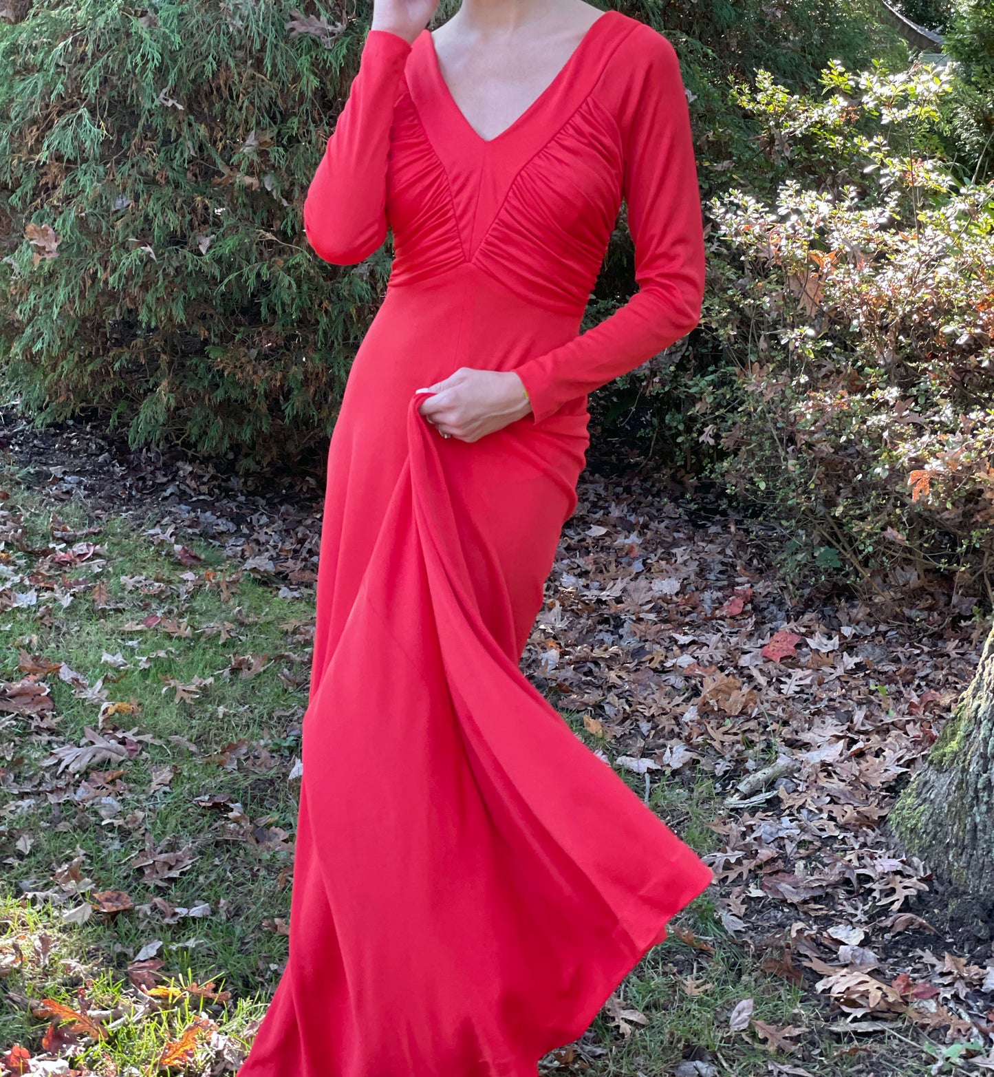 1970s Orange Ruched Jersey Maxidress