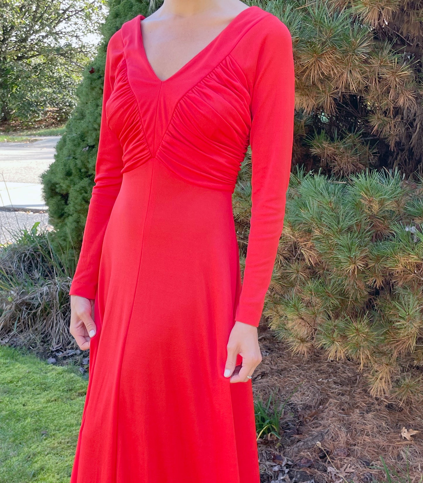 1970s Orange Ruched Jersey Maxidress