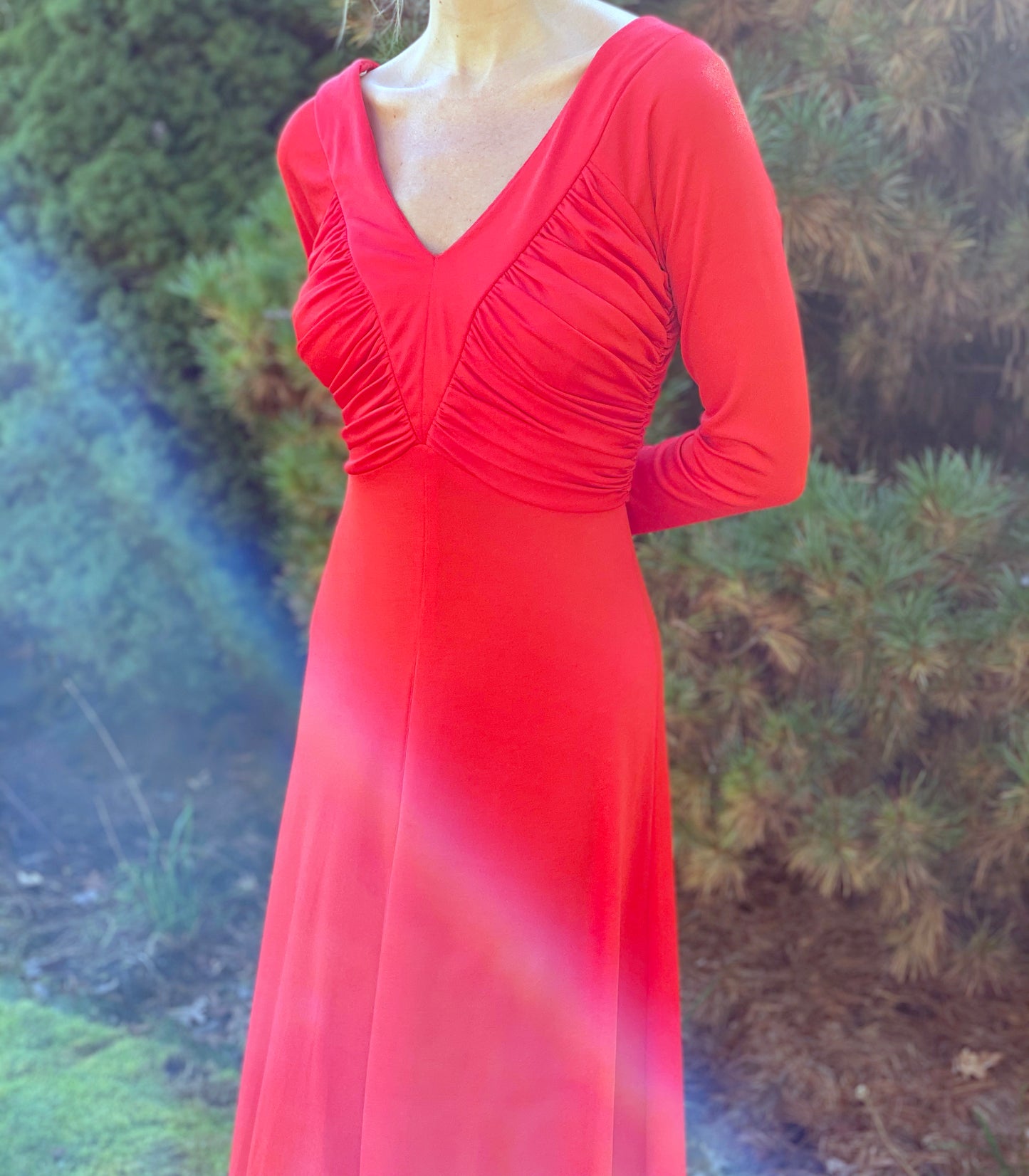1970s Orange Ruched Jersey Maxidress