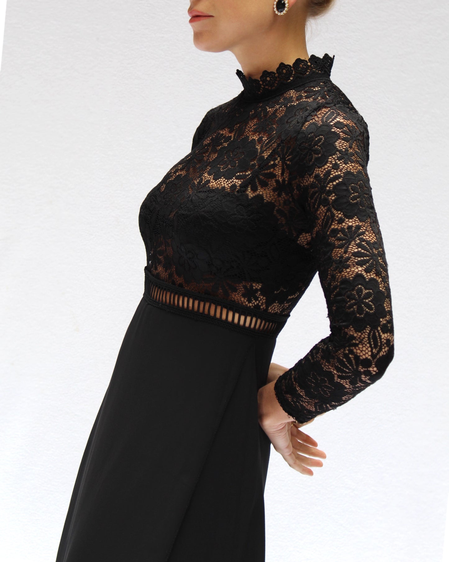 Vintage Sheer Lace Bodice Long Sleeve Gown
