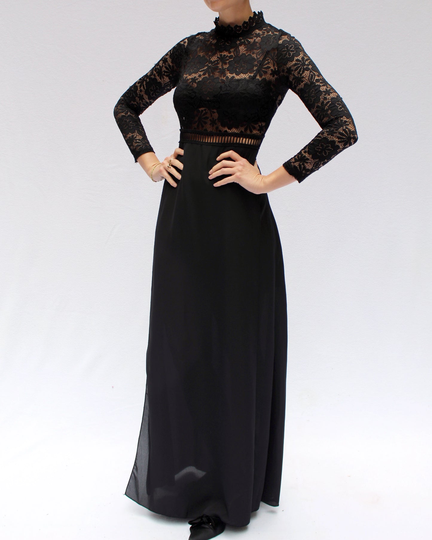 Vintage Sheer Lace Bodice Long Sleeve Gown