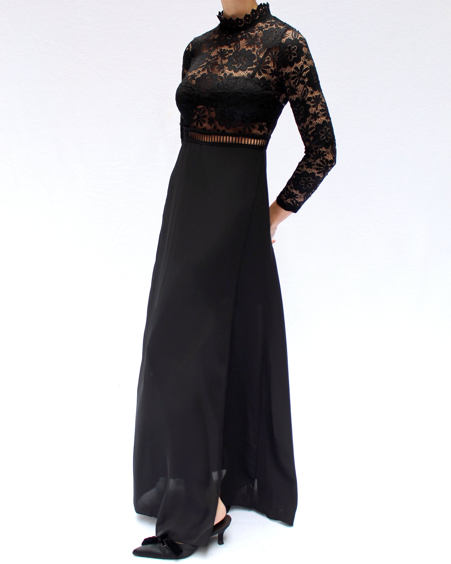 Vintage Sheer Lace Bodice Long Sleeve Gown