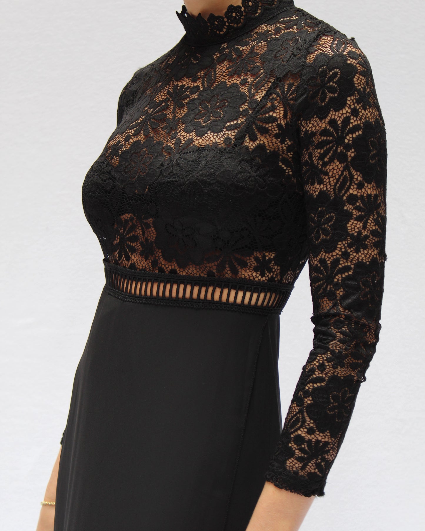 Vintage Sheer Lace Bodice Long Sleeve Gown