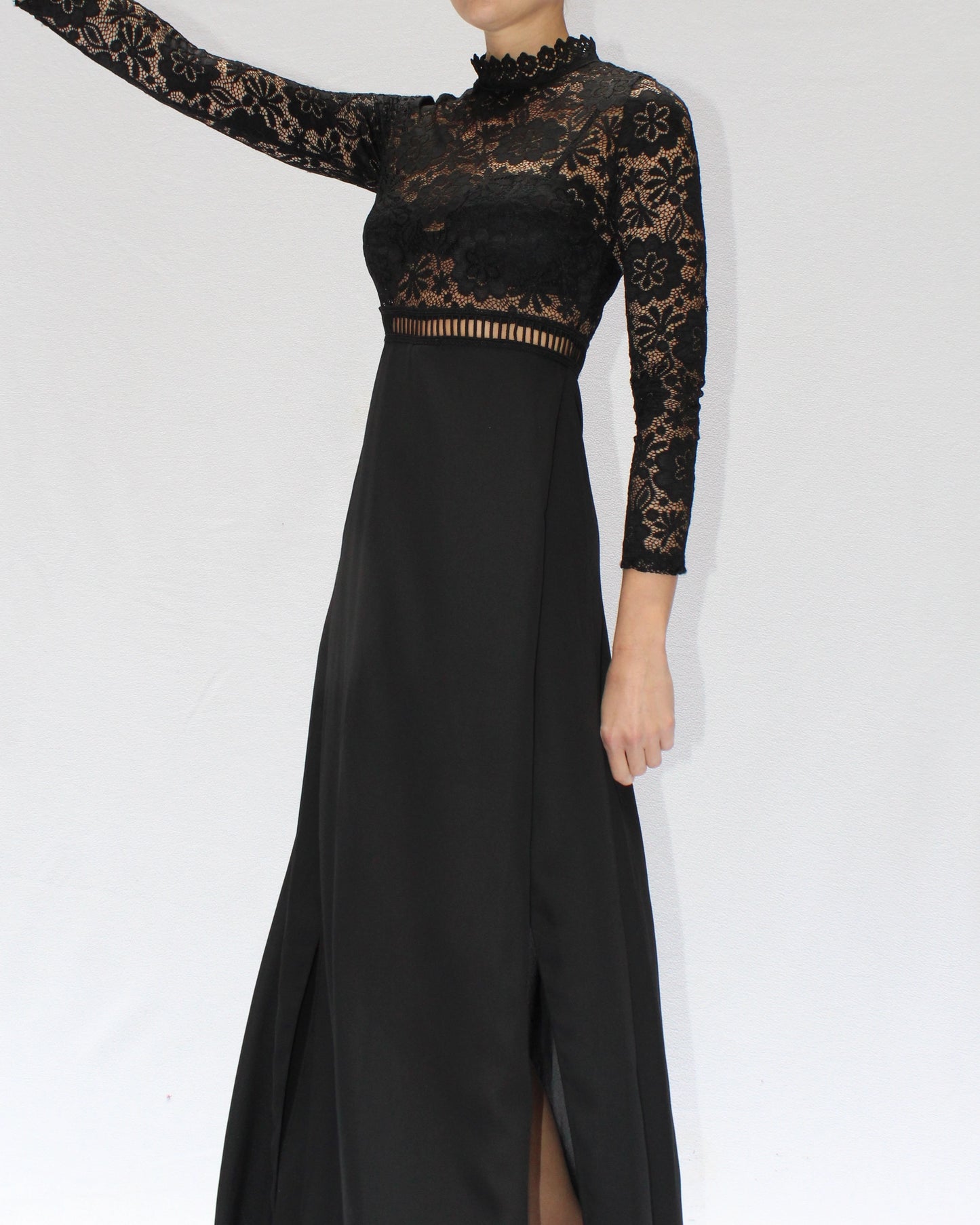 Vintage Sheer Lace Bodice Long Sleeve Gown