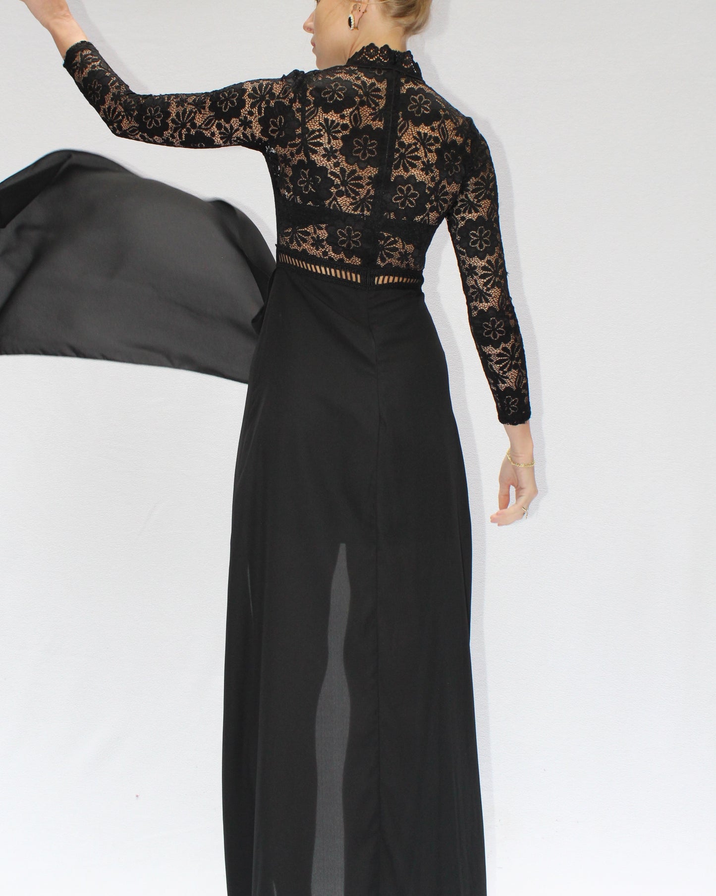 Vintage Sheer Lace Bodice Long Sleeve Gown