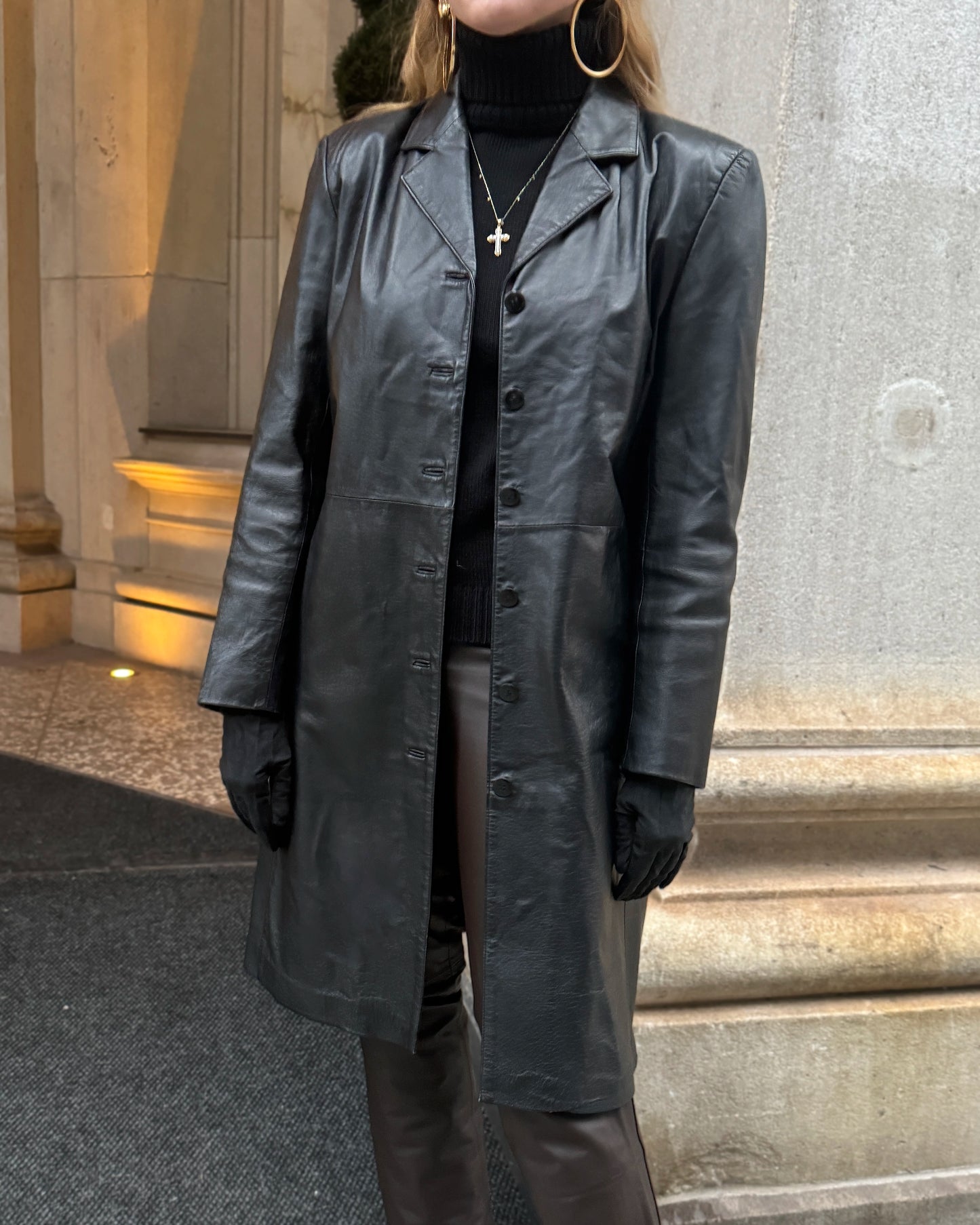 Vintage Black Leather Trench Coat