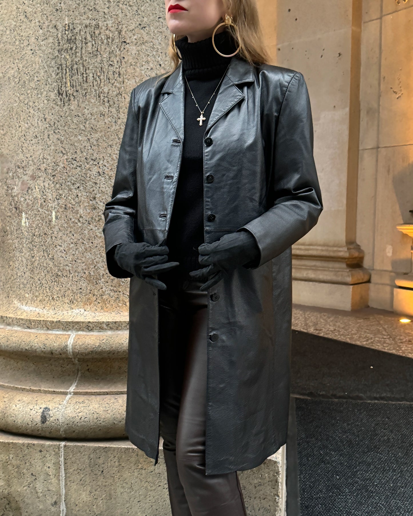 Vintage Black Leather Trench Coat