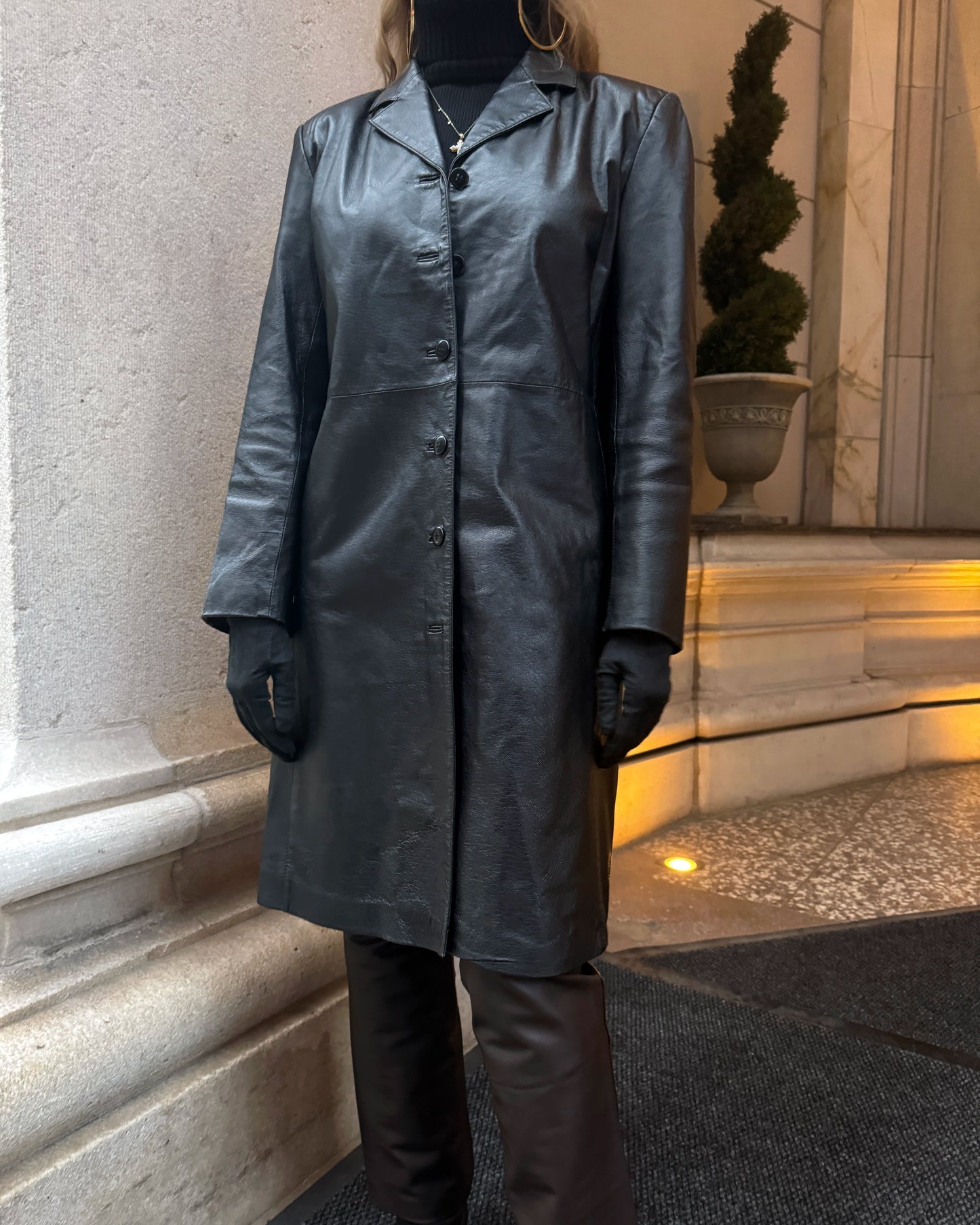 Vintage Black Leather Trench Coat