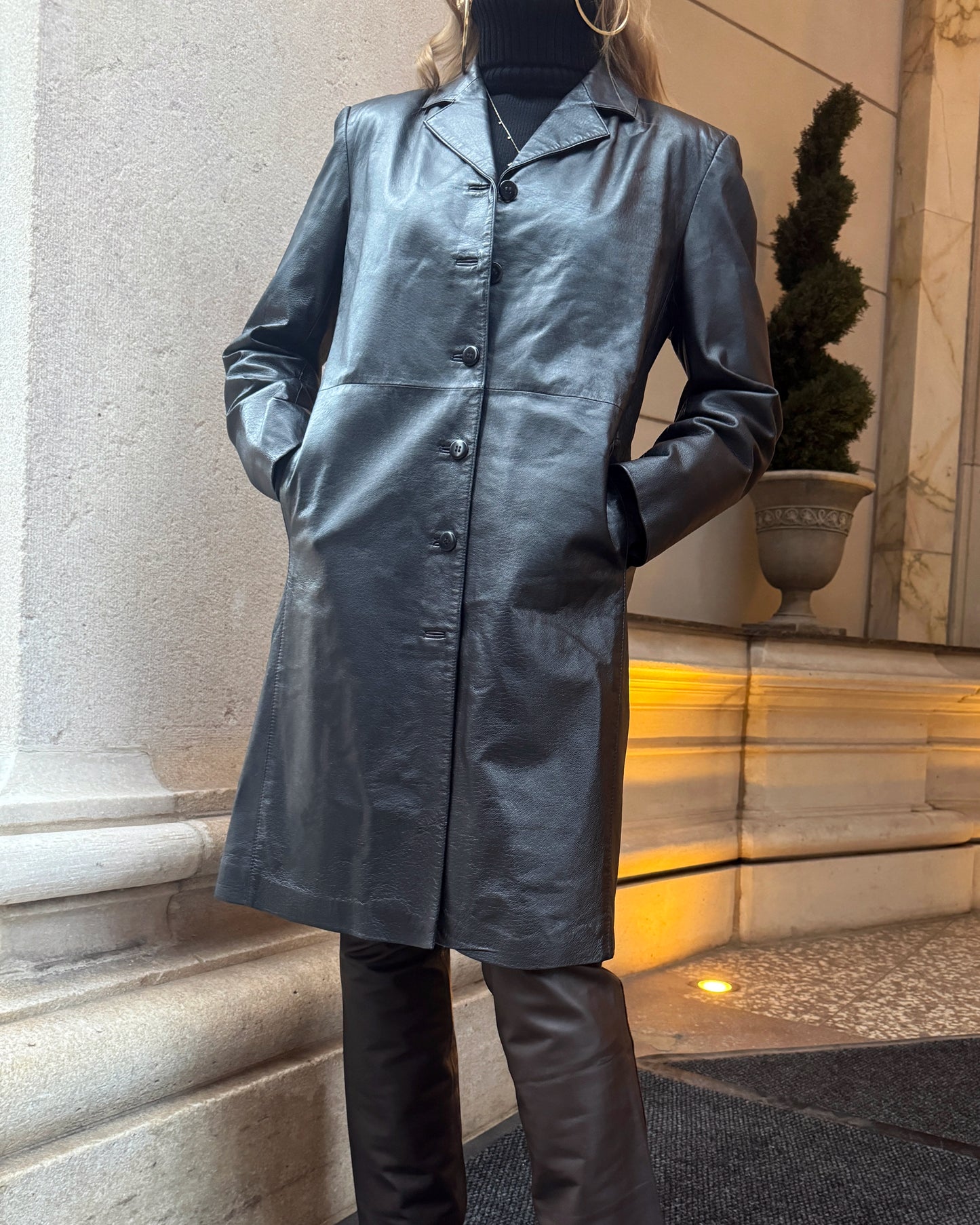 Vintage Black Leather Trench Coat