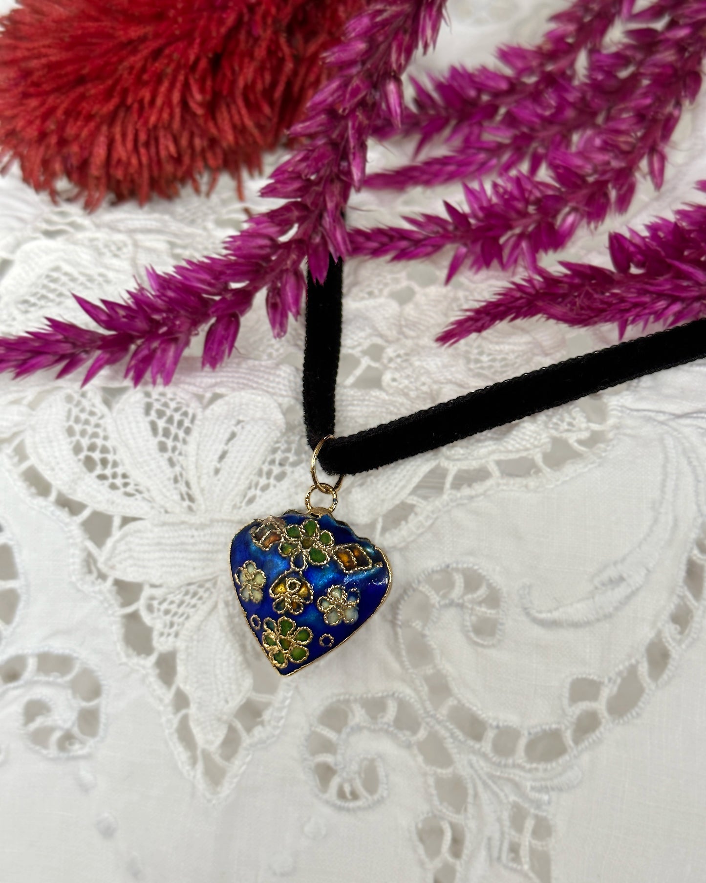 Vintage Floral Cloisonné Heart Pendant