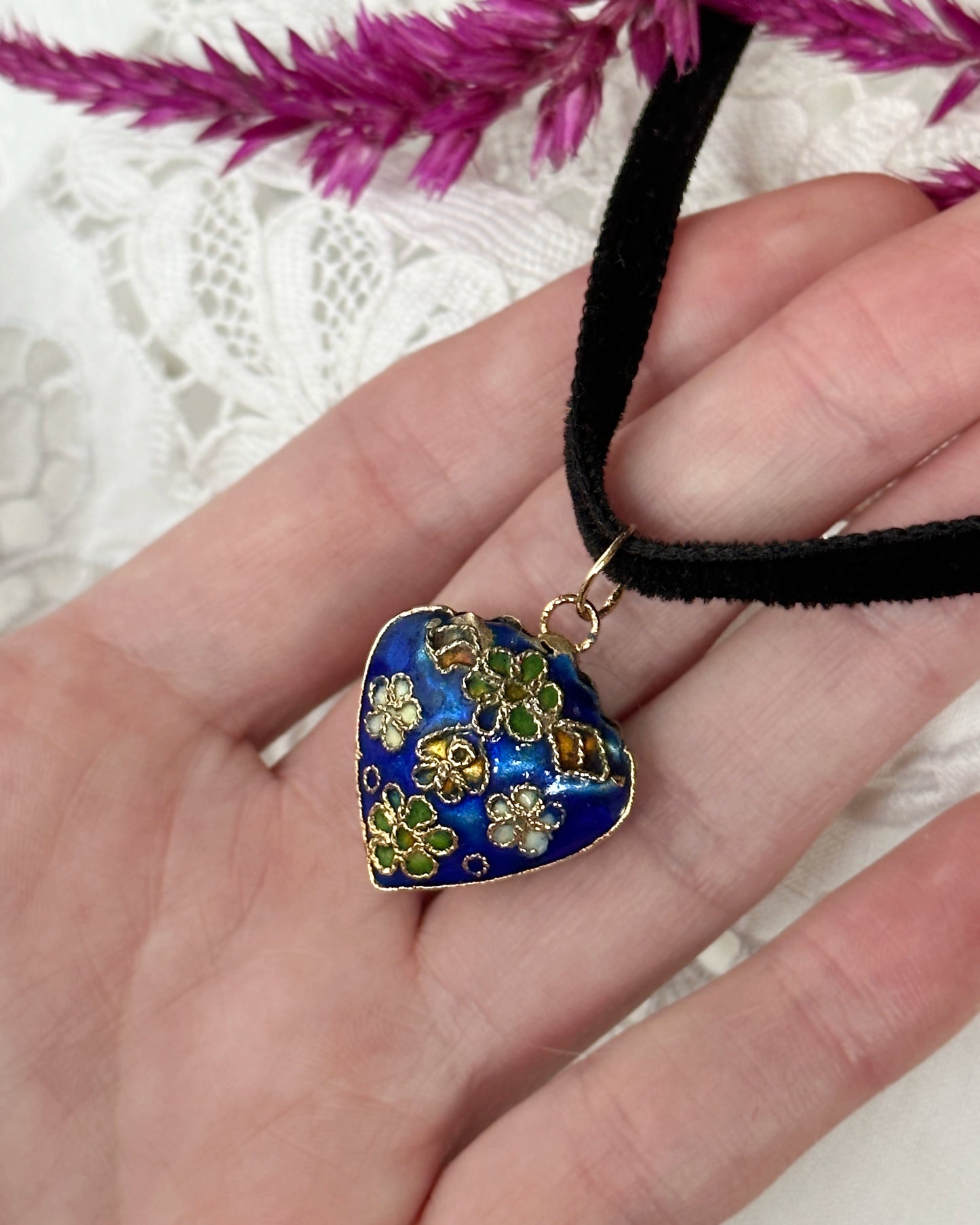 Vintage Floral Cloisonné Heart Pendant