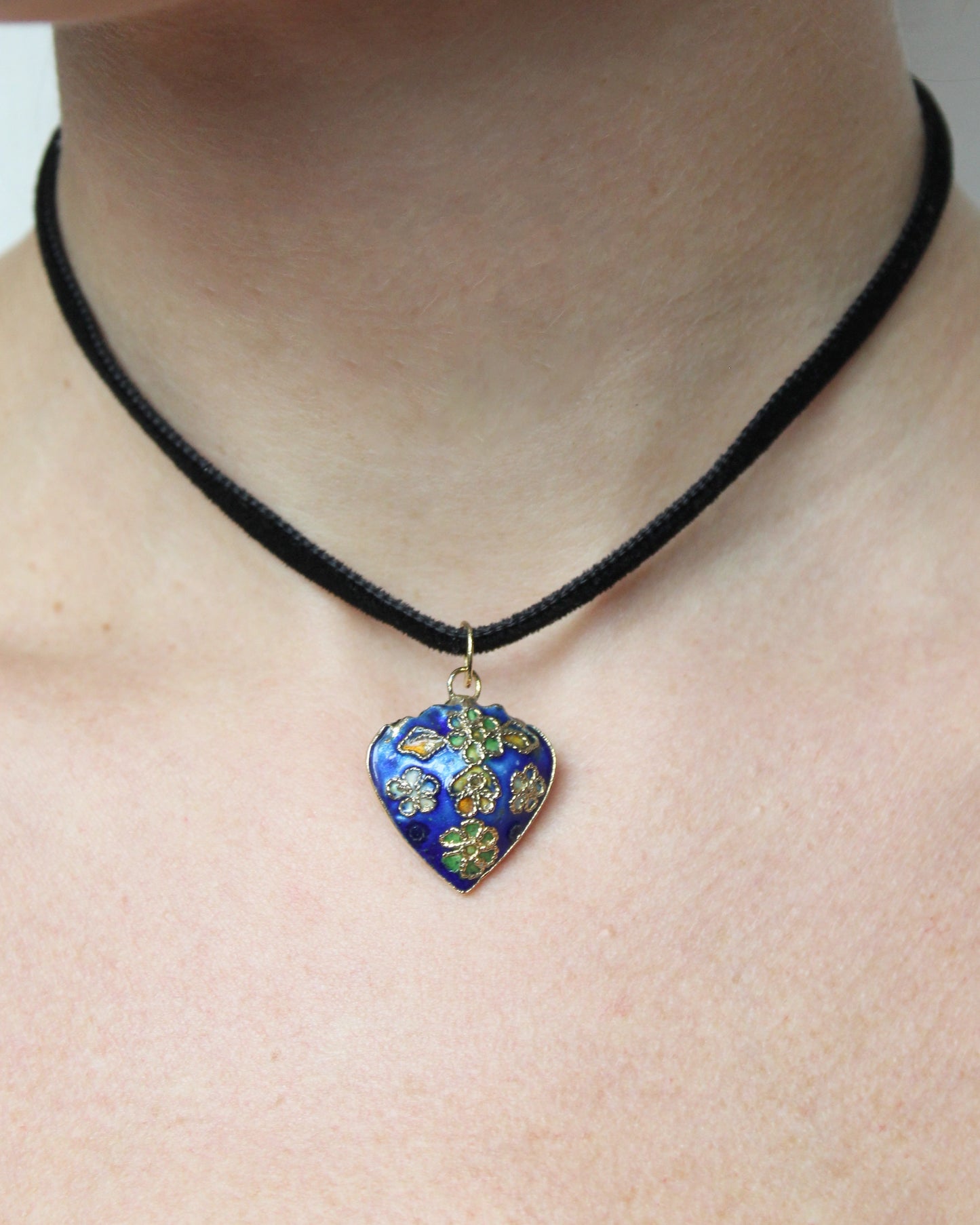 Vintage Floral Cloisonné Heart Pendant