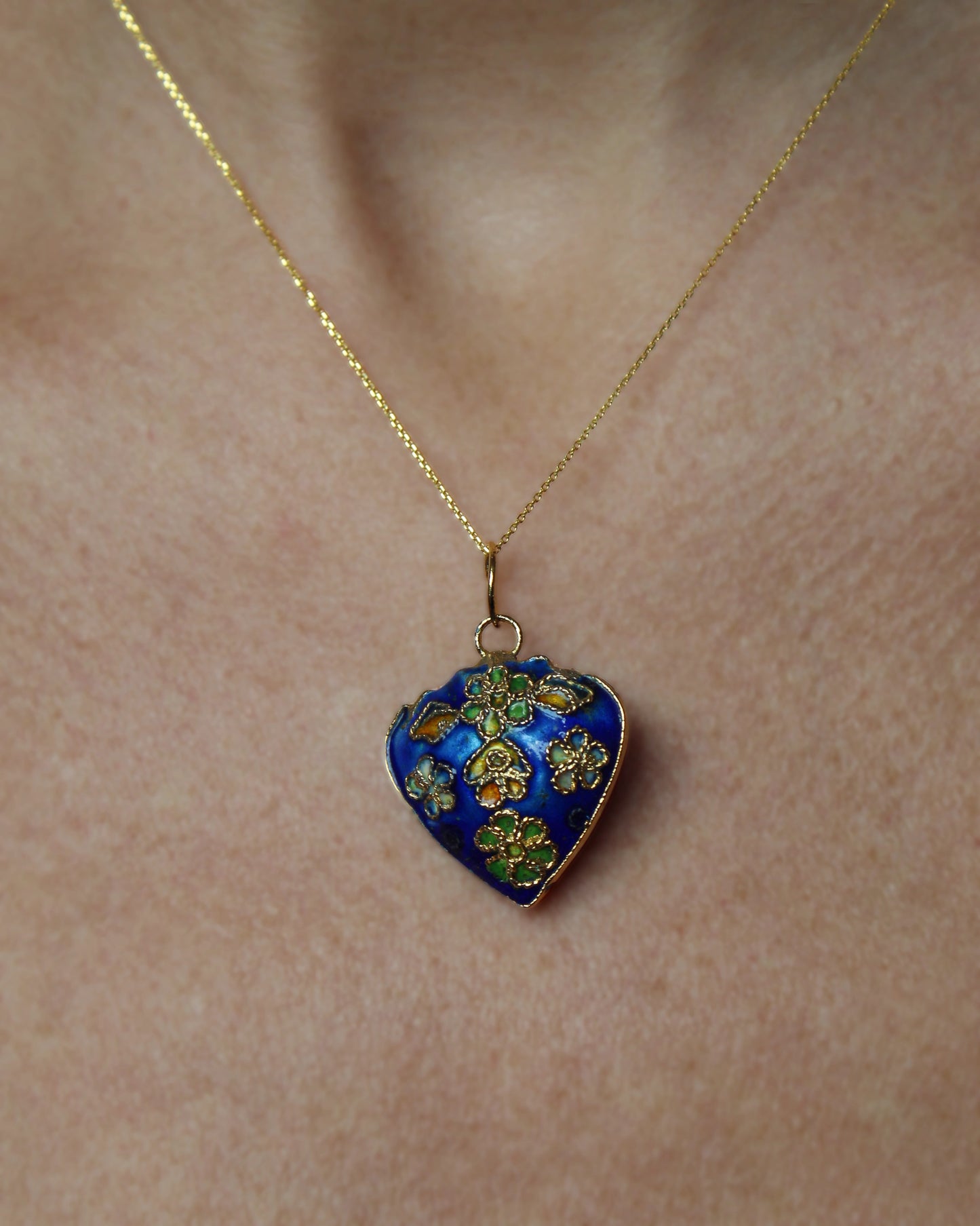 Vintage Floral Cloisonné Heart Pendant