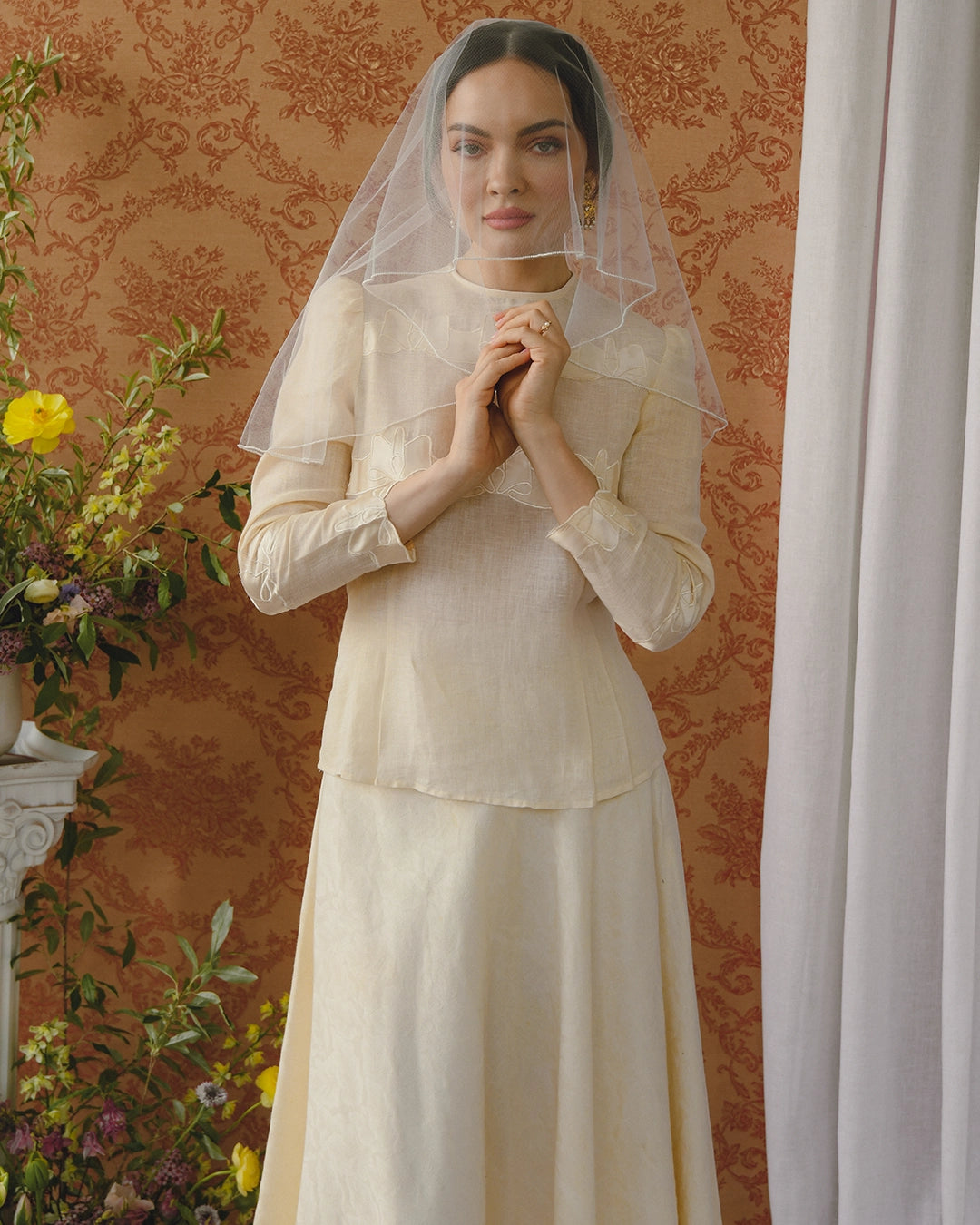 Vintage Linen Skirt Set With Silk Appliqué Bow Motif