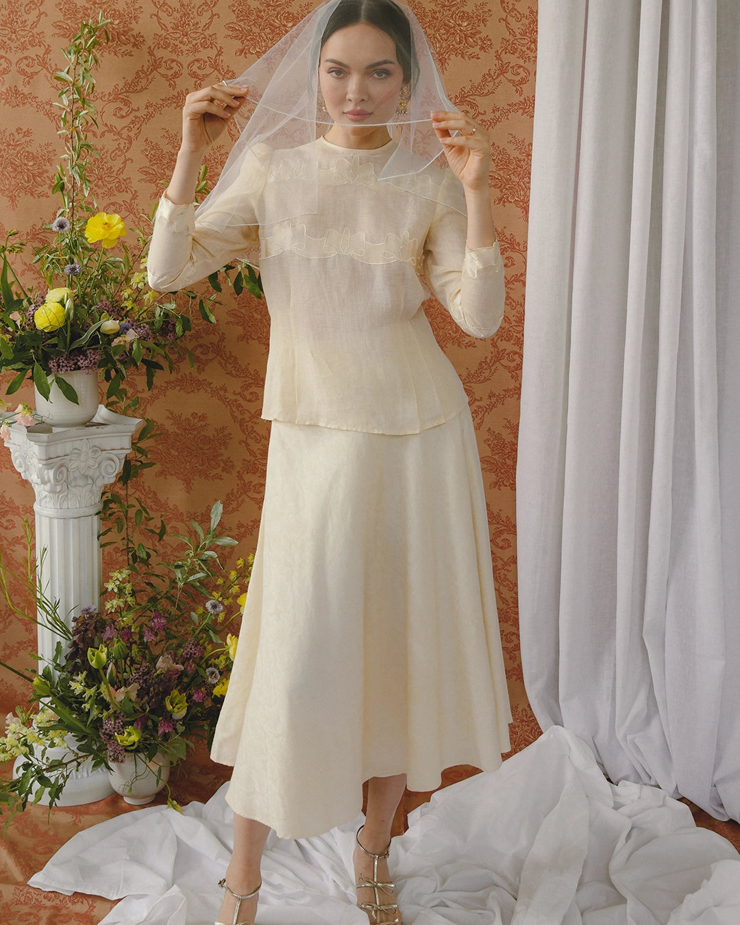 Vintage Linen Skirt Set With Silk Appliqué Bow Motif