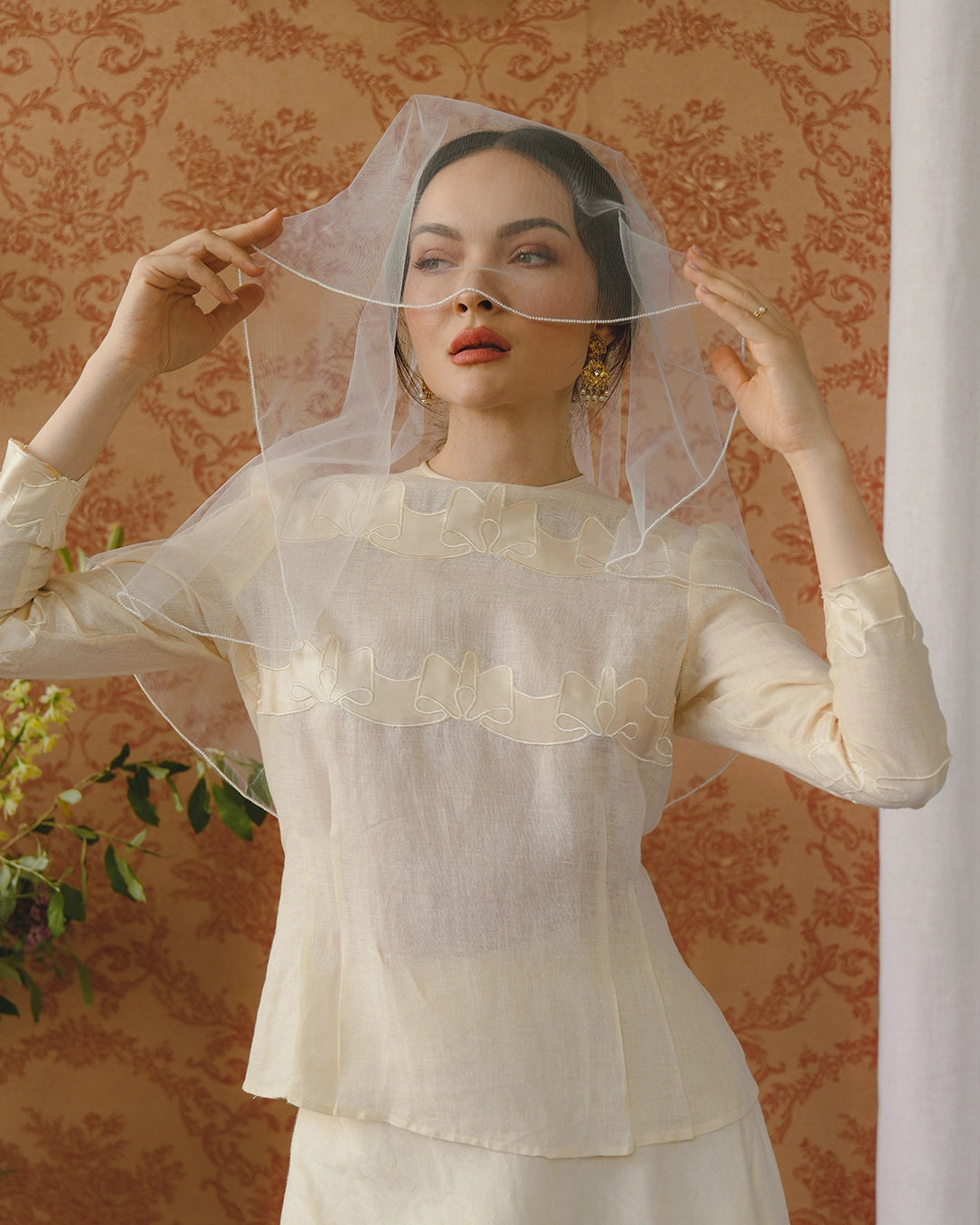 Vintage Linen Skirt Set With Silk Appliqué Bow Motif