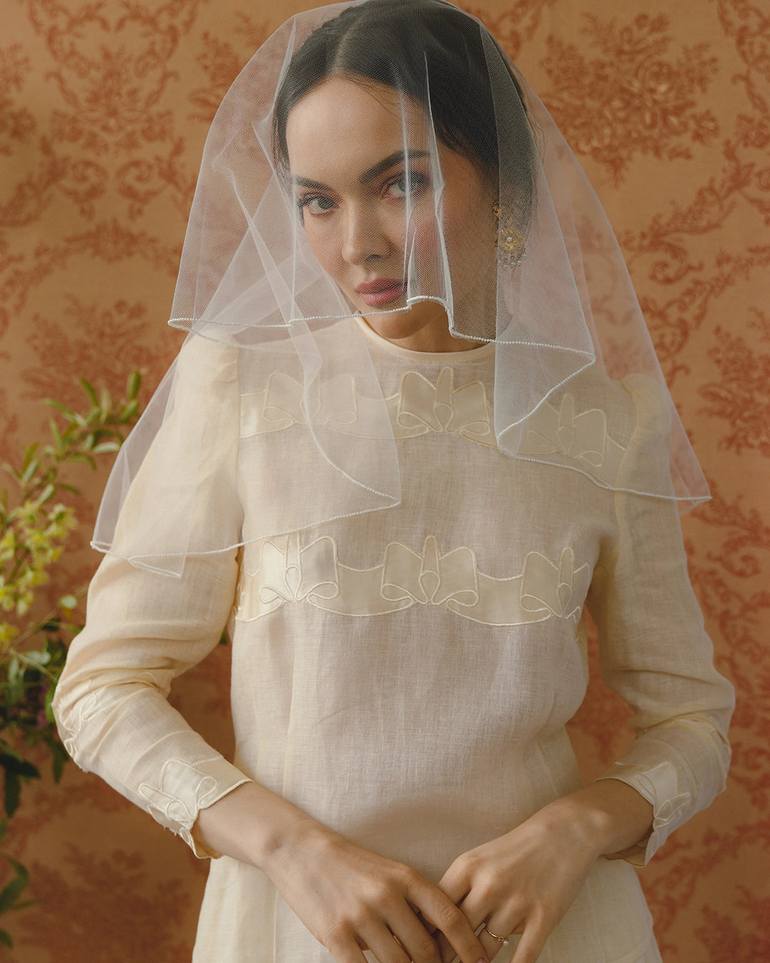 Vintage Linen Skirt Set With Silk Appliqué Bow Motif