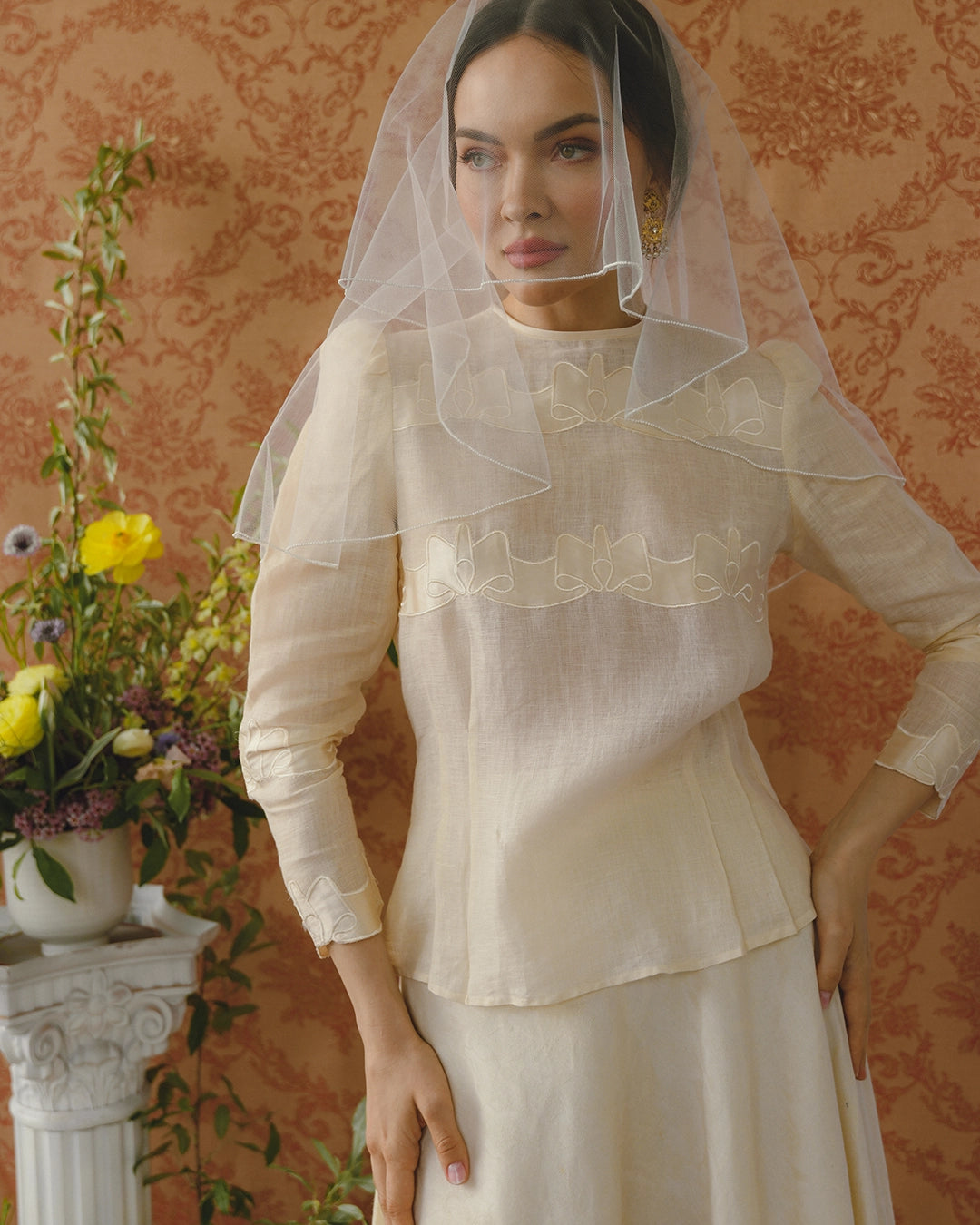 Vintage Linen Skirt Set With Silk Appliqué Bow Motif