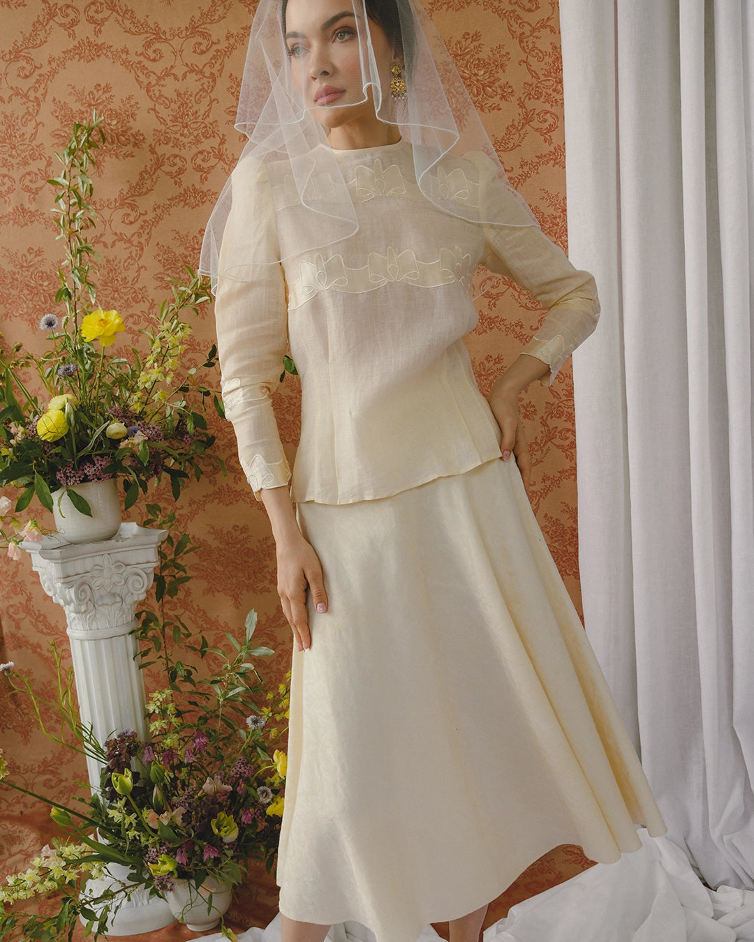 Vintage Linen Skirt Set With Silk Appliqué Bow Motif