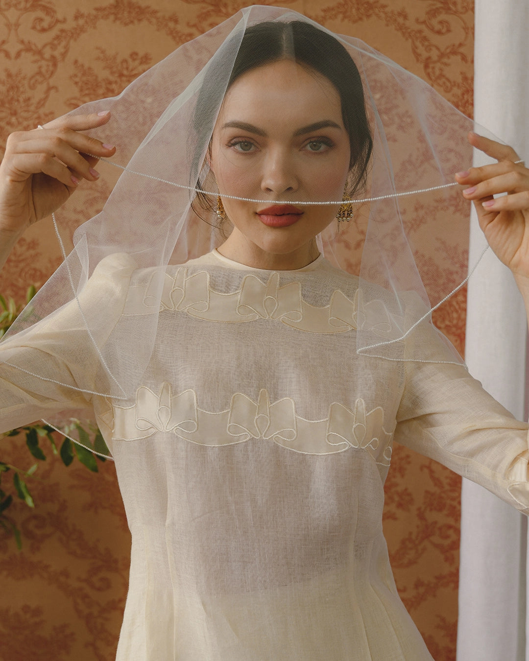 Vintage Linen Skirt Set With Silk Appliqué Bow Motif